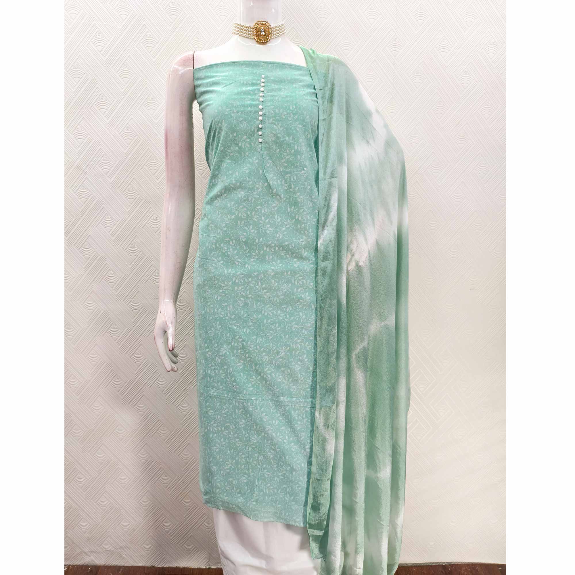 Sea Green Cotton Blend Dress Material Enhanced With Artistic Floral Printed Work