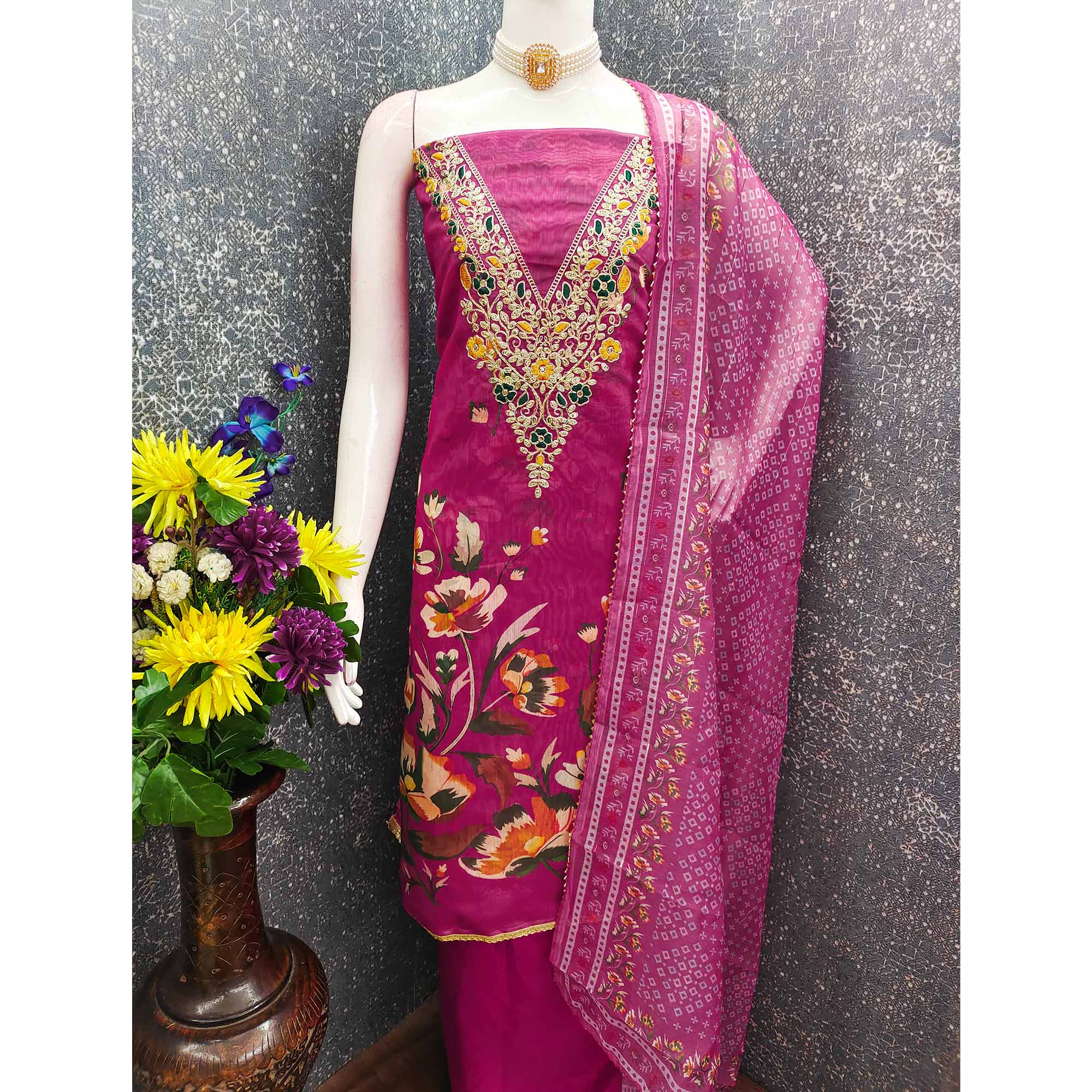 Rani Pink Chanderi Silk Dress Material With Digital Floral Print & Cording Embroidery Work