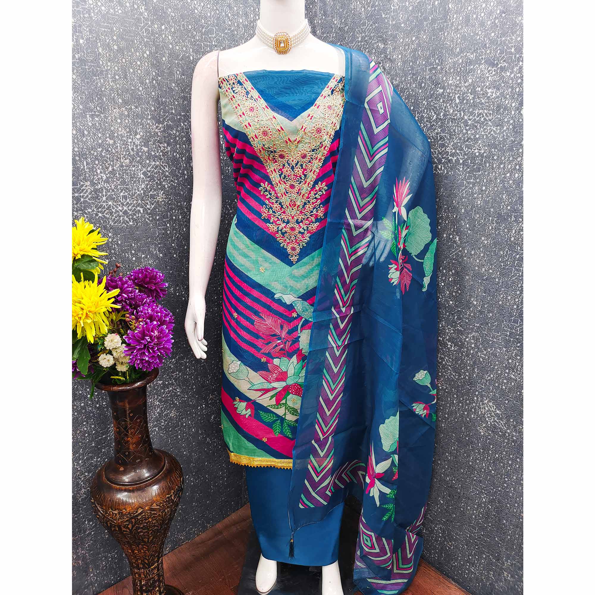 Blue Floral Digital Printed With Cording Embroidered Vichitra Silk Dress Material