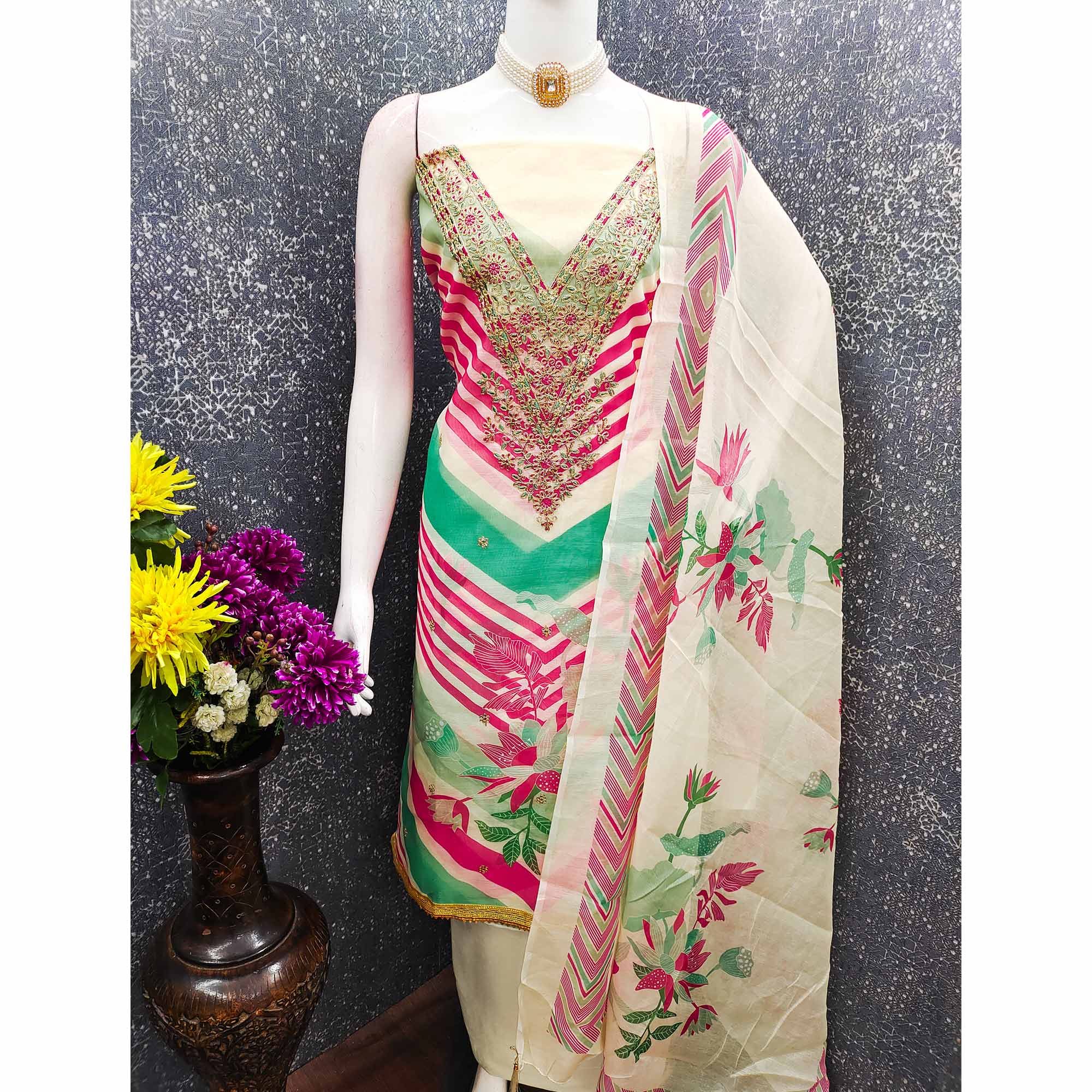 Cream Floral Digital Printed With Cording Embroidered Vichitra Silk Dress Material