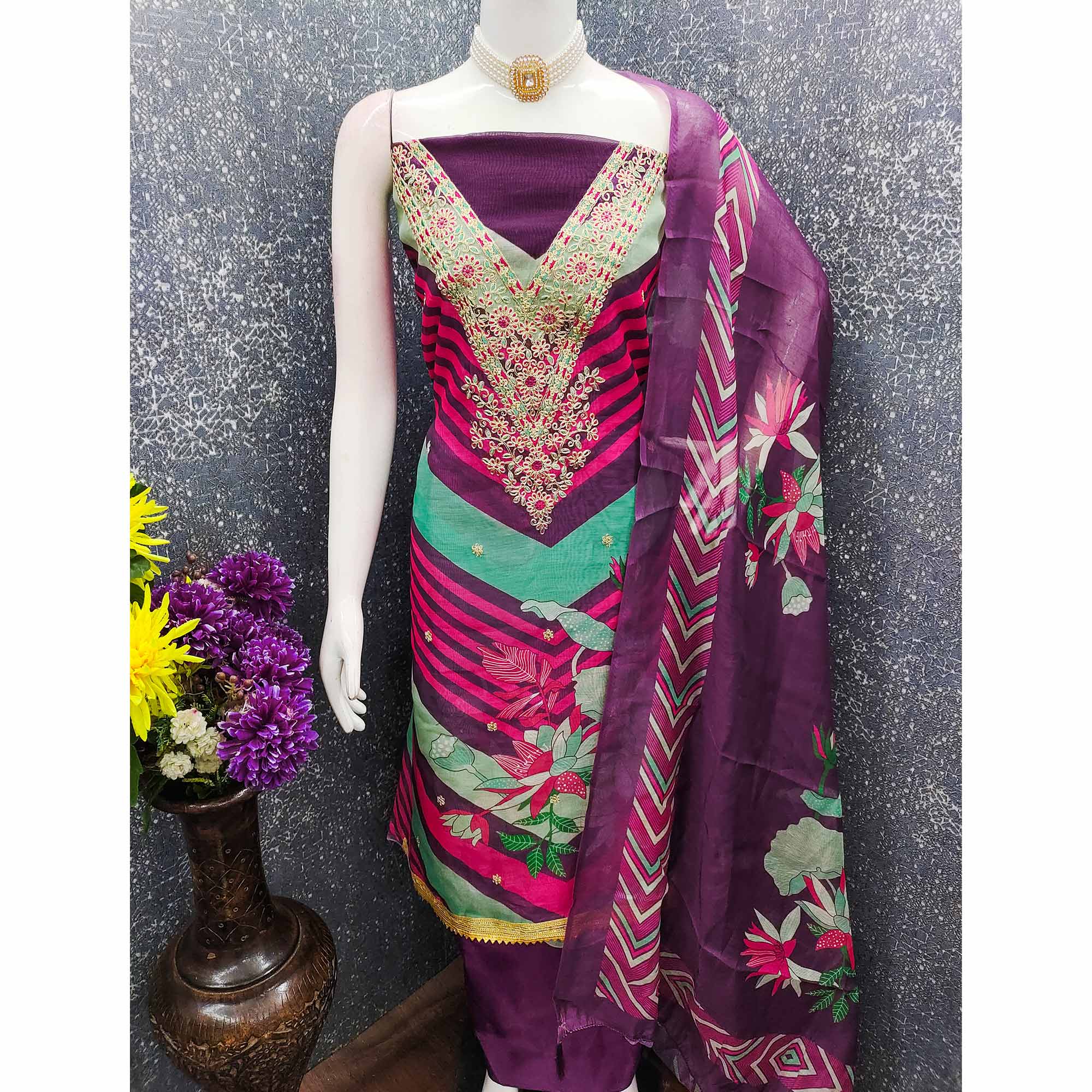 Purple Floral Digital Printed With Cording Embroidered Vichitra Silk Dress Material