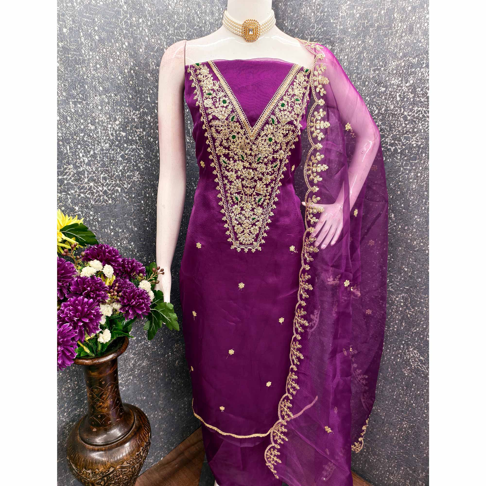 Purple Organza Fabric With Delicate Floral Cording Embroidery & Shimmering Sequins Work