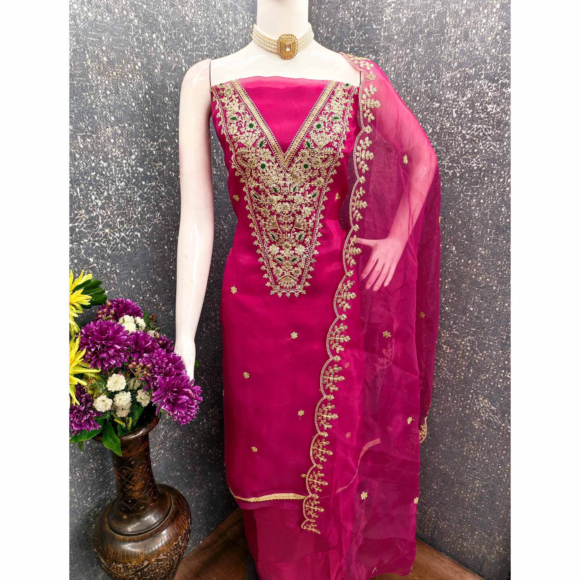 Rani pink Organza Fabric With Delicate Floral Cording Embroidery & Shimmering Sequins Work