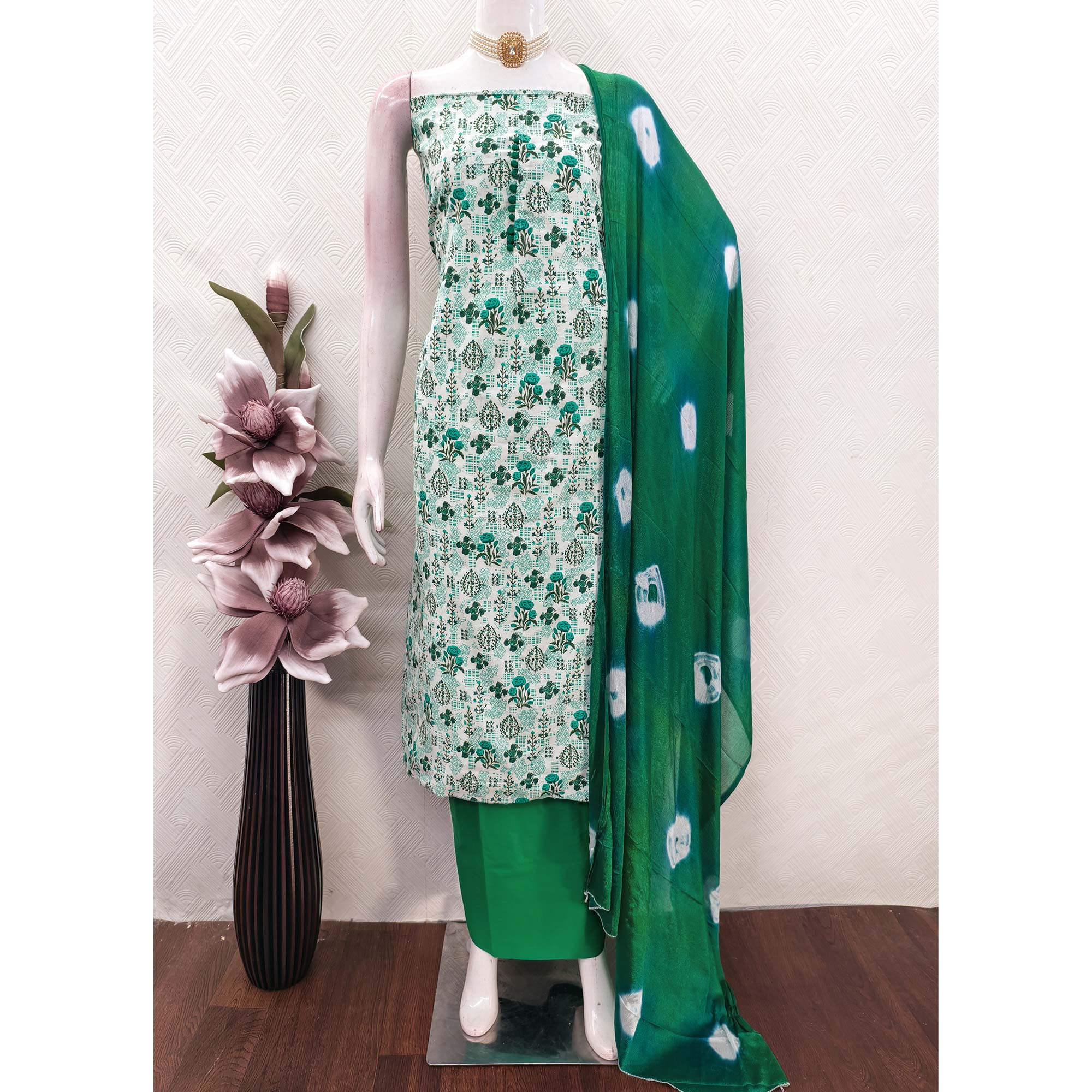 Lightweight Cream & Green Cotton Dress Material with Beautiful Floral Print Detailing