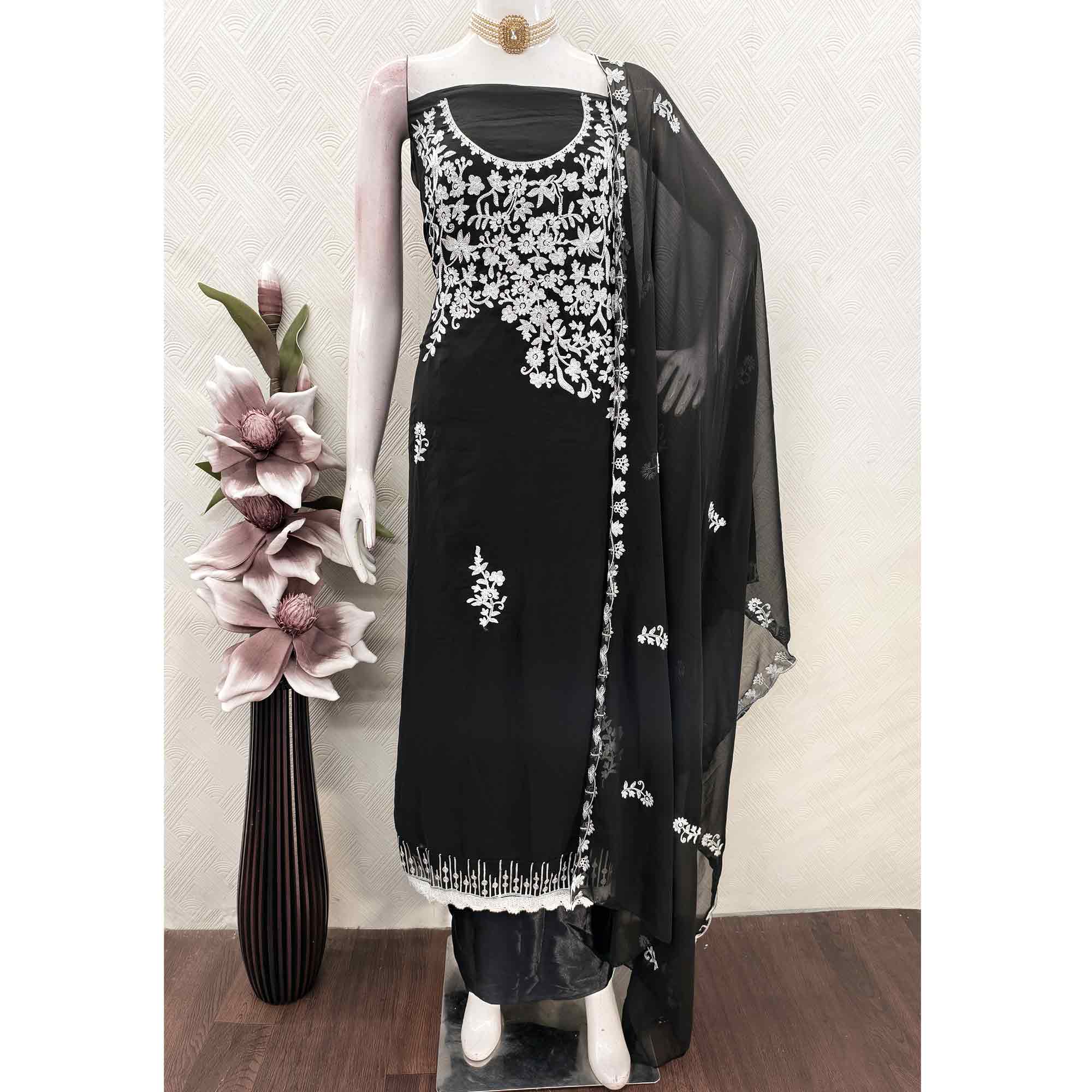 Designer Black Floral Embroidered Georgette Material for Stylish Dresses and Outfits