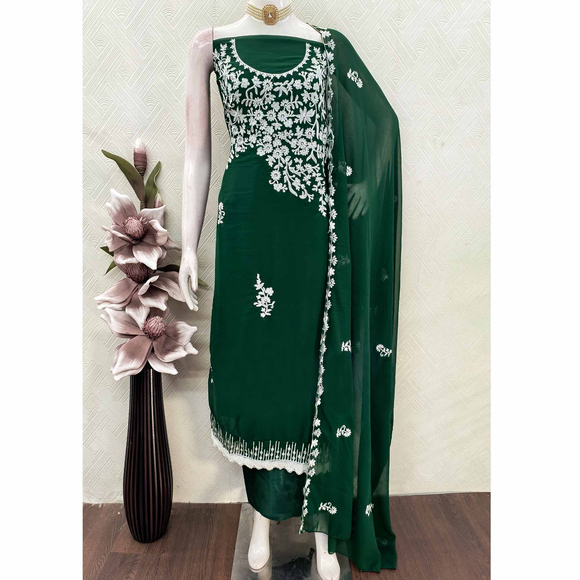 Designer Dark Green Floral Embroidered Georgette Material for Stylish Dresses and Outfits