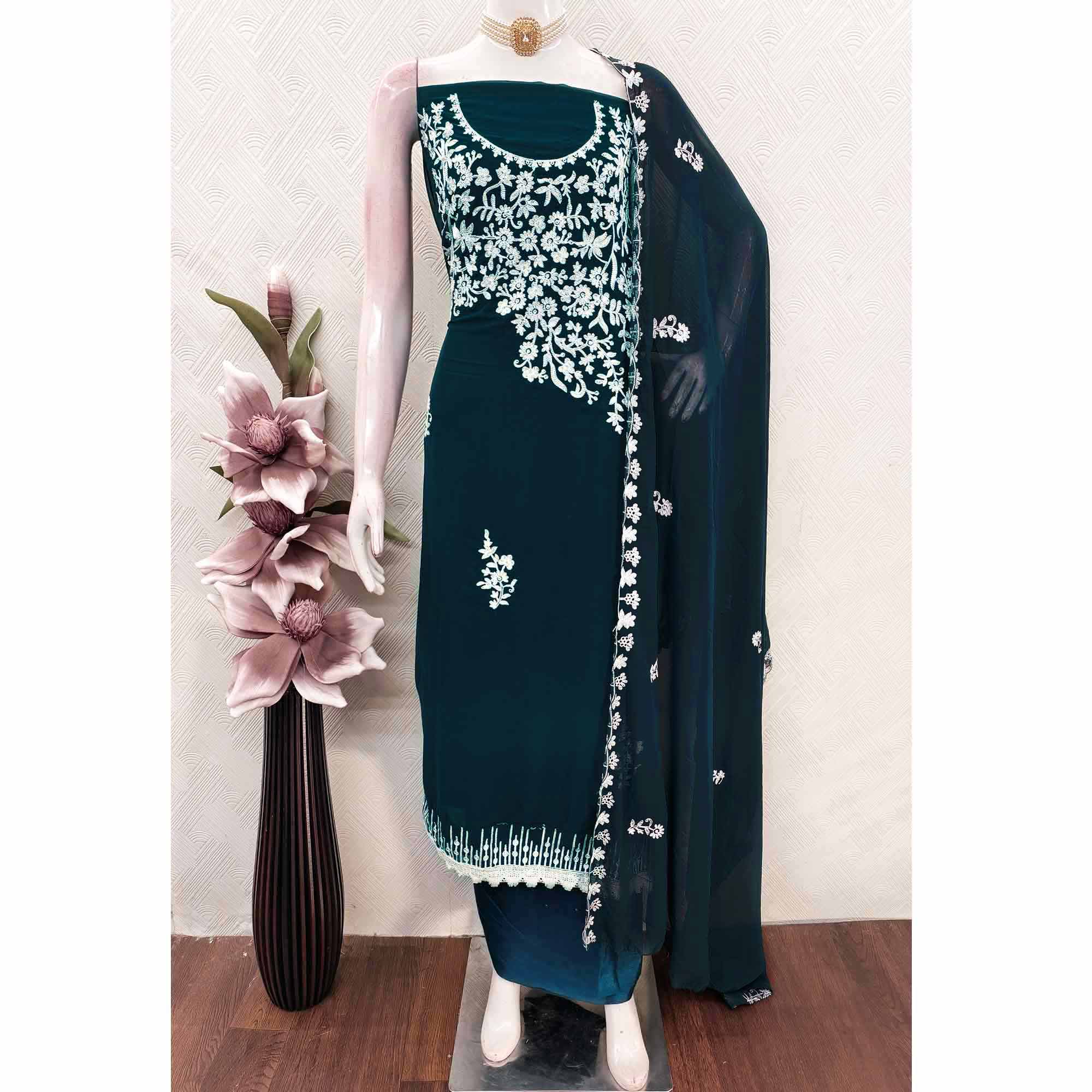 Designer Dark Teal Floral Embroidered Georgette Material for Stylish Dresses and Outfits