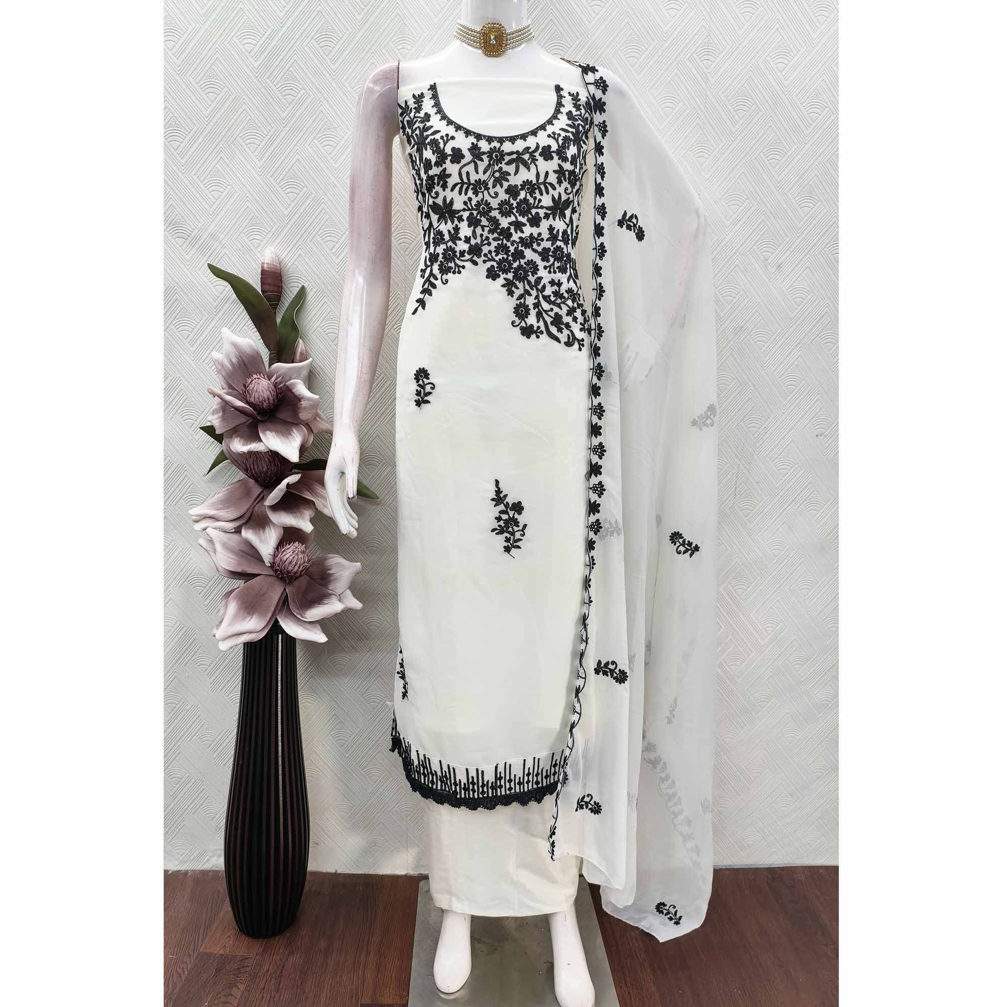 Designer White Floral Embroidered Georgette Material for Stylish Dresses and Outfits