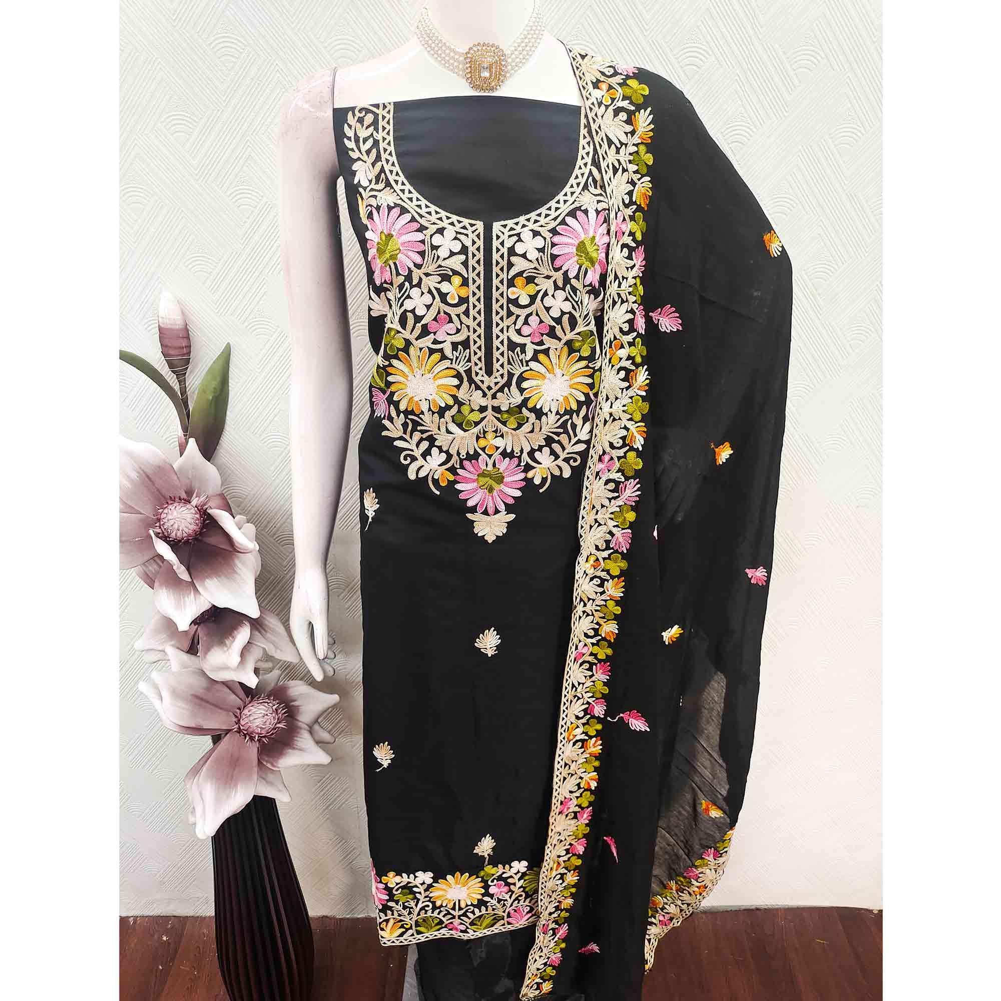 Black Designer Roman Art Silk Dress Material Adorned With Floral Thread Embroidery Work