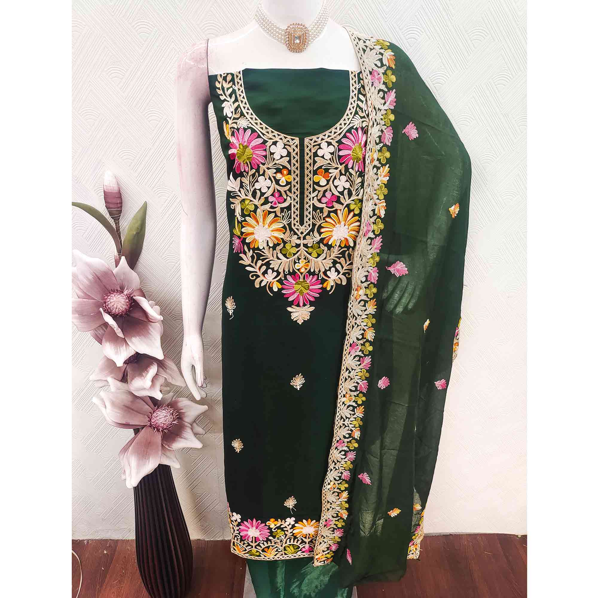 Bottle Green Designer Roman Art Silk Dress Material Adorned With Floral Thread Embroidery Work