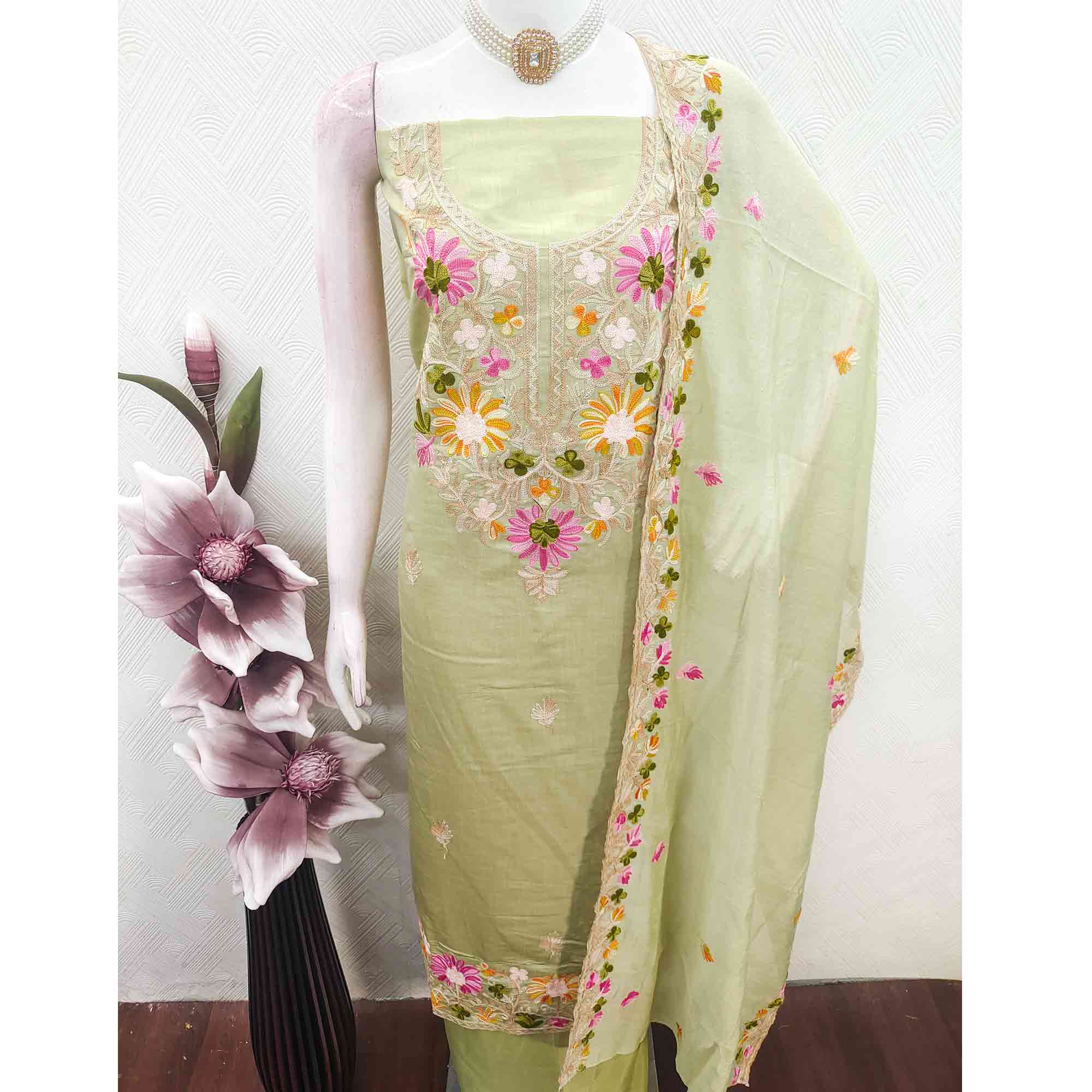 Pista Green Designer Roman Art Silk Dress Material Adorned With Floral Thread Embroidery Work