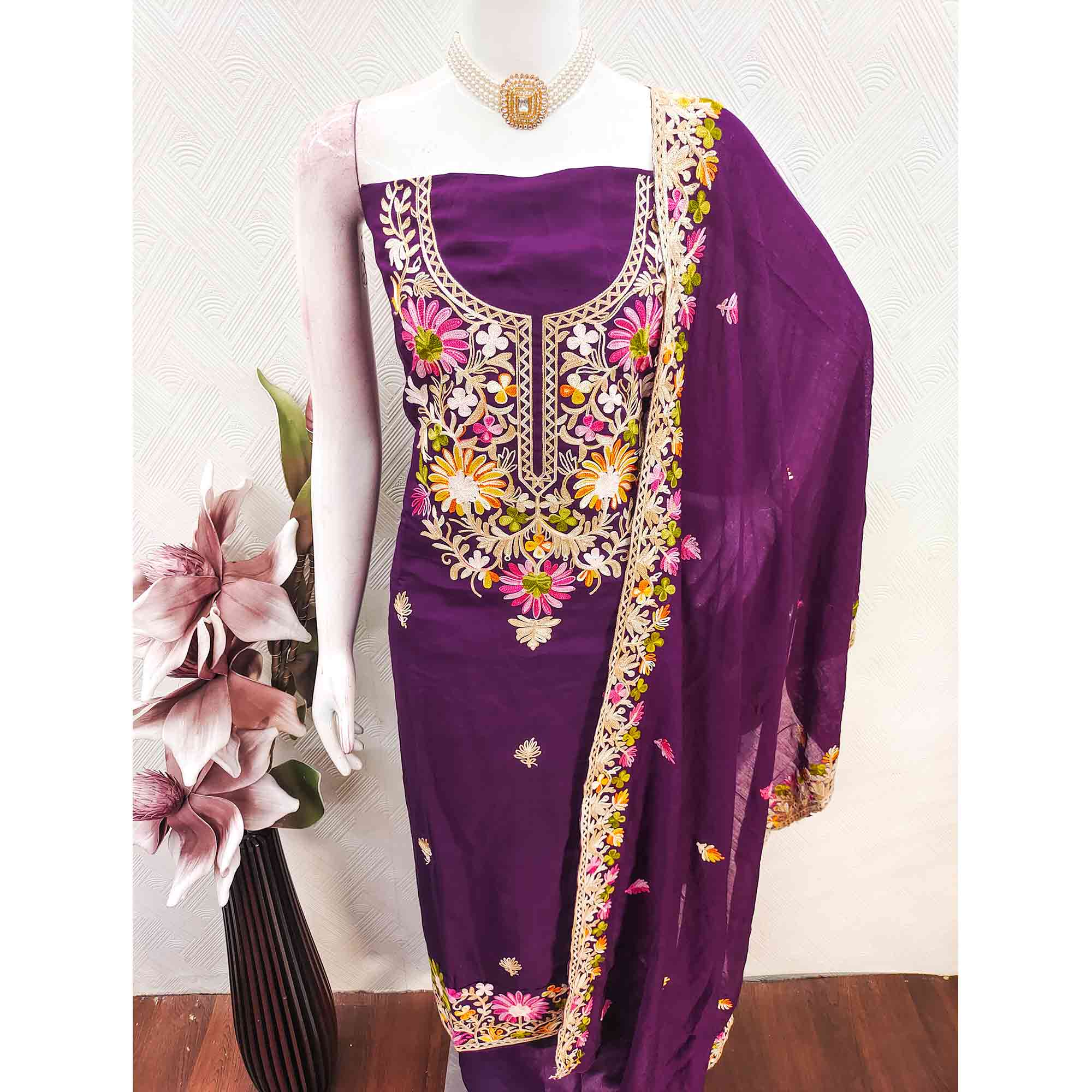 Purple Designer Roman Art Silk Dress Material Adorned With Floral Thread Embroidery Work
