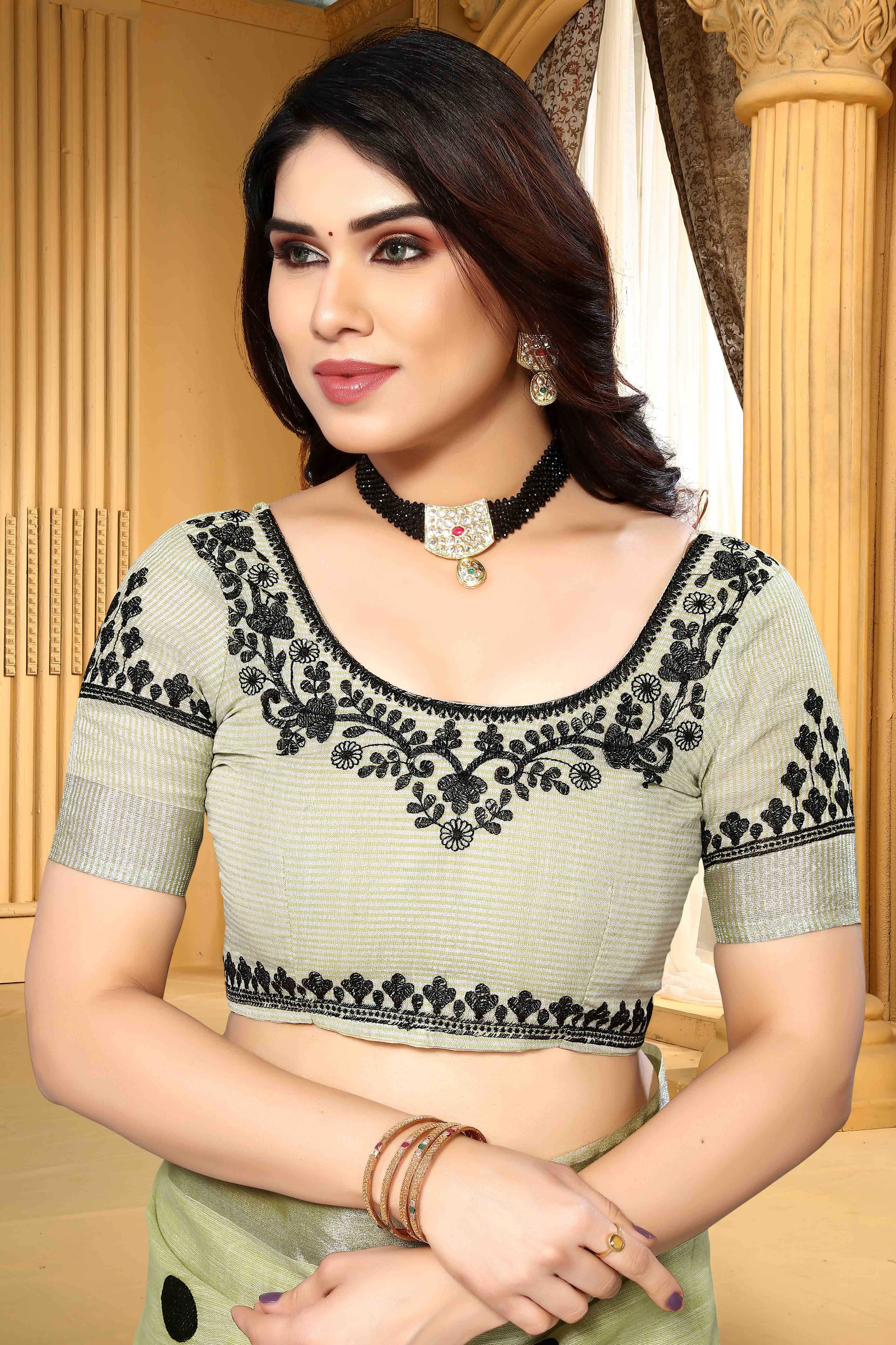 Pista Green Embroidered Linen Cotton Saree With Zari Border