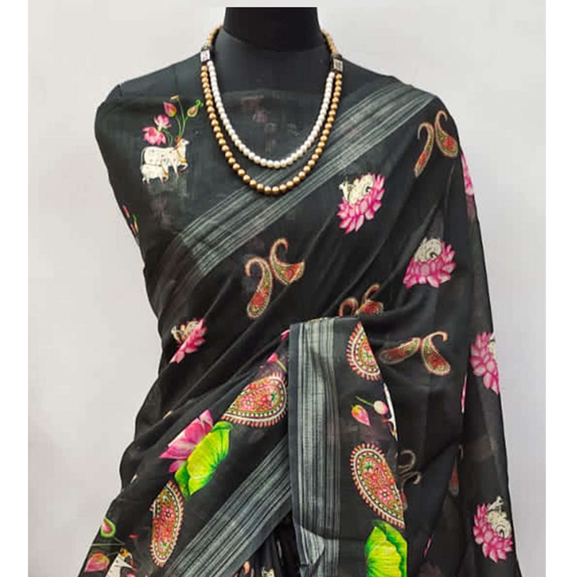 Black Digital Printed Linen Saree