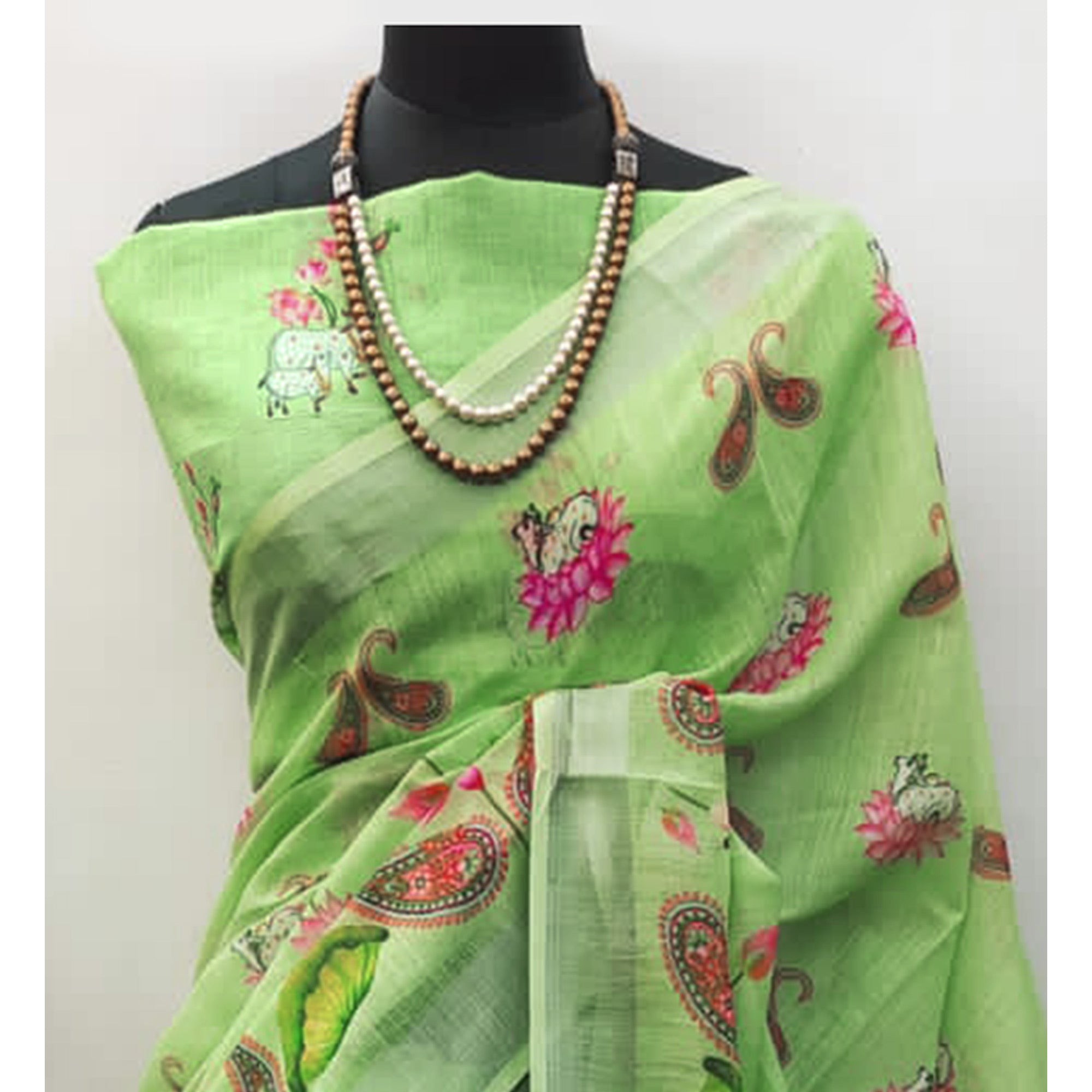 Pista Green Digital Printed Linen Saree