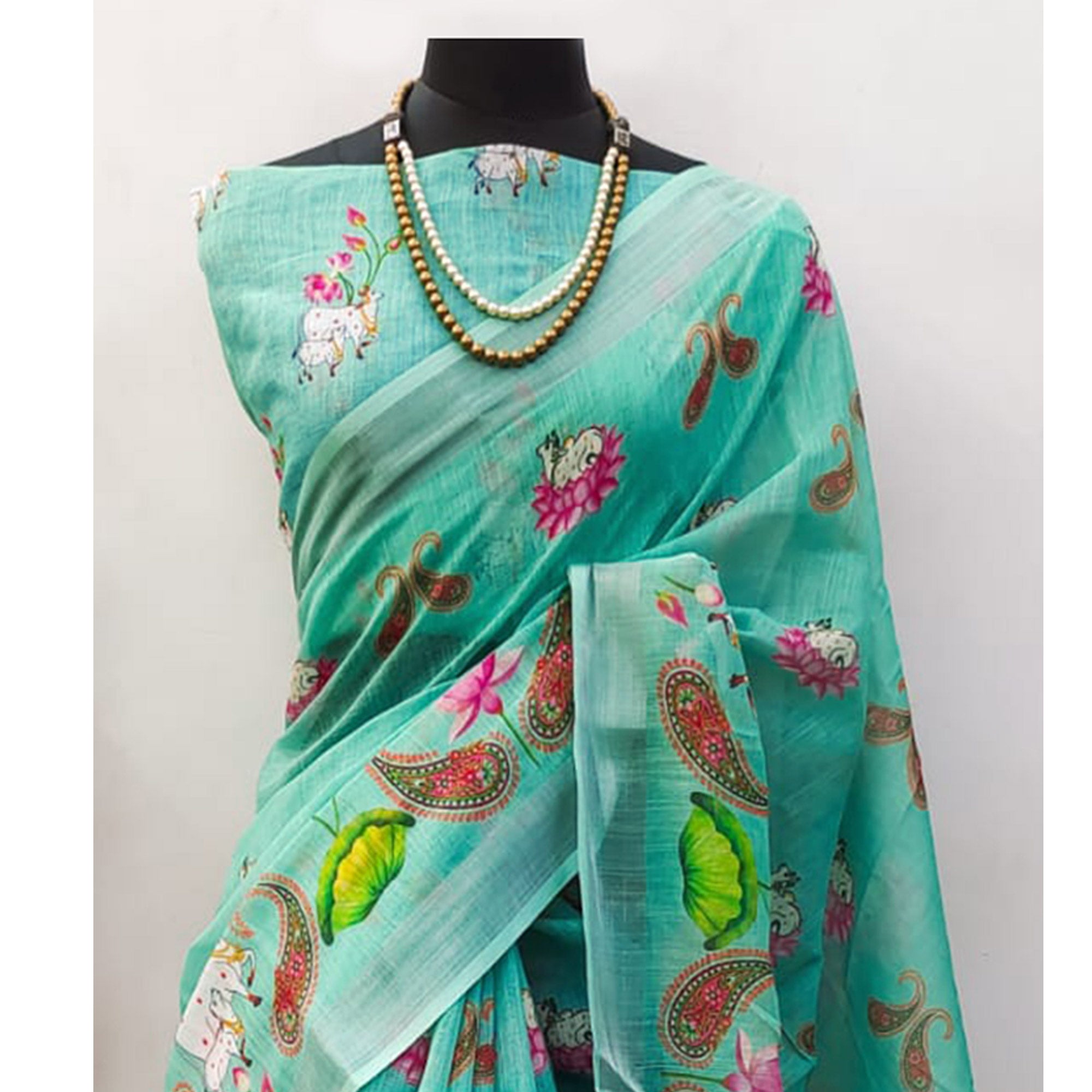 Turquoise Digital Printed Linen Saree