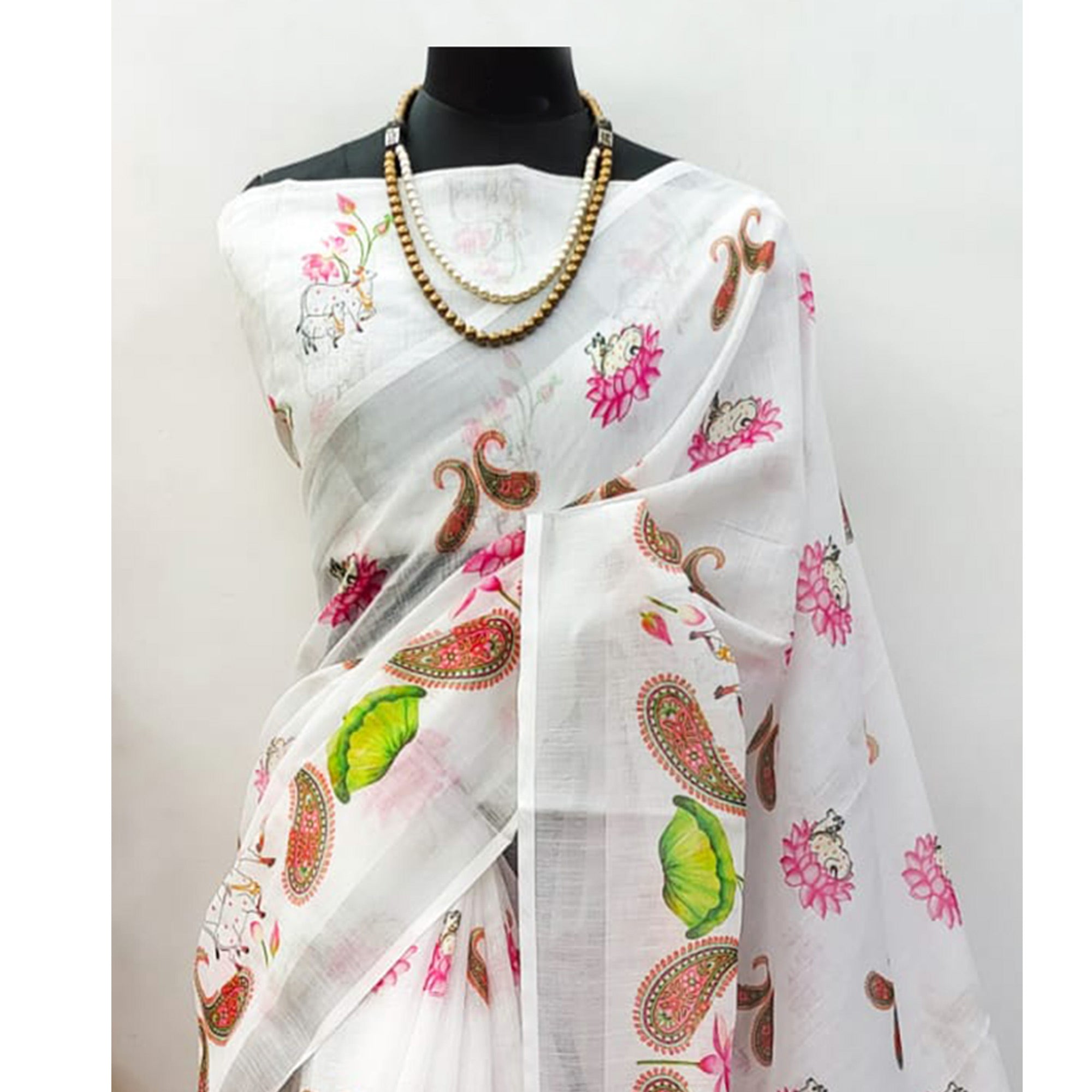 White Digital Printed Linen Saree