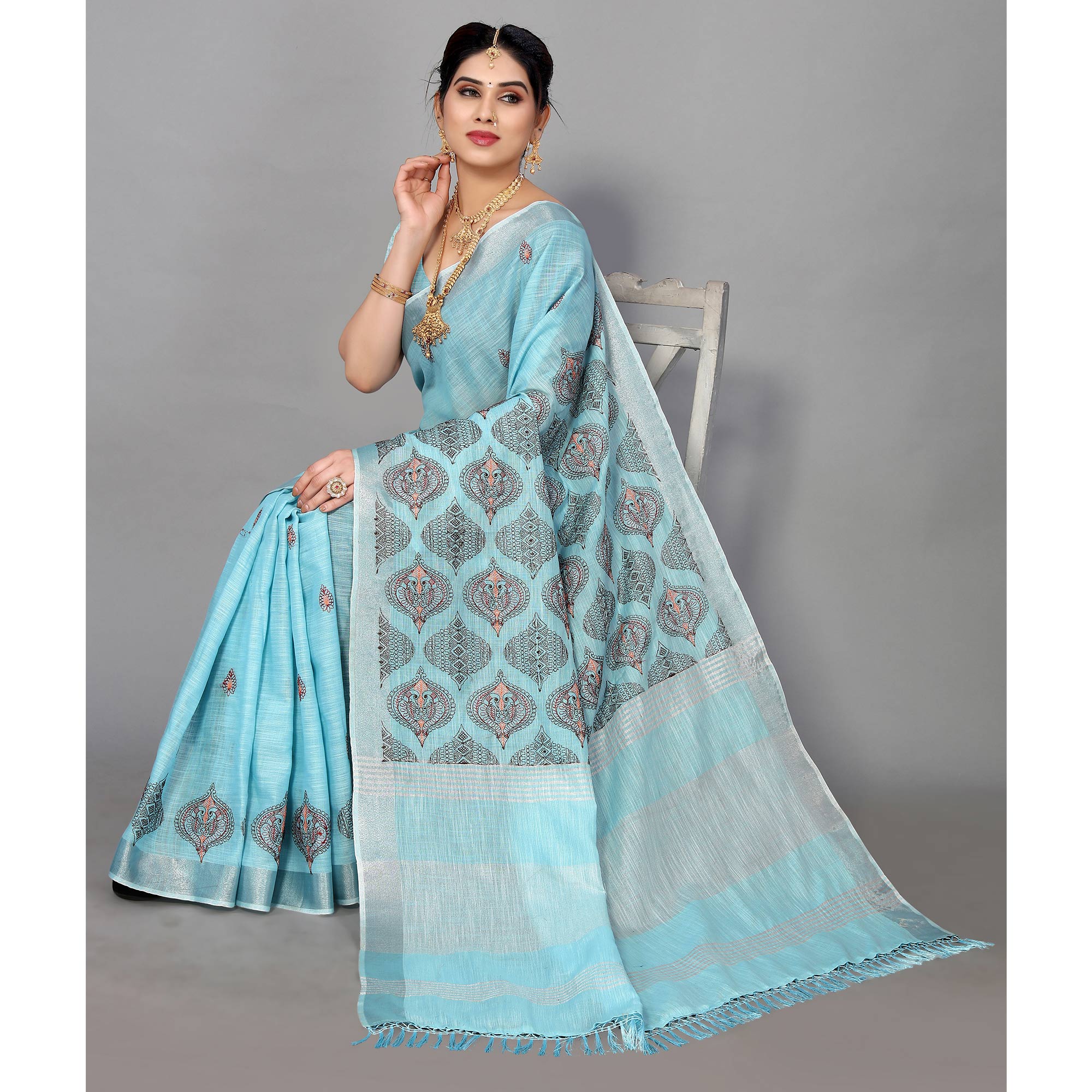 Blue Embroidered Cotton Silk Saree With Tassels