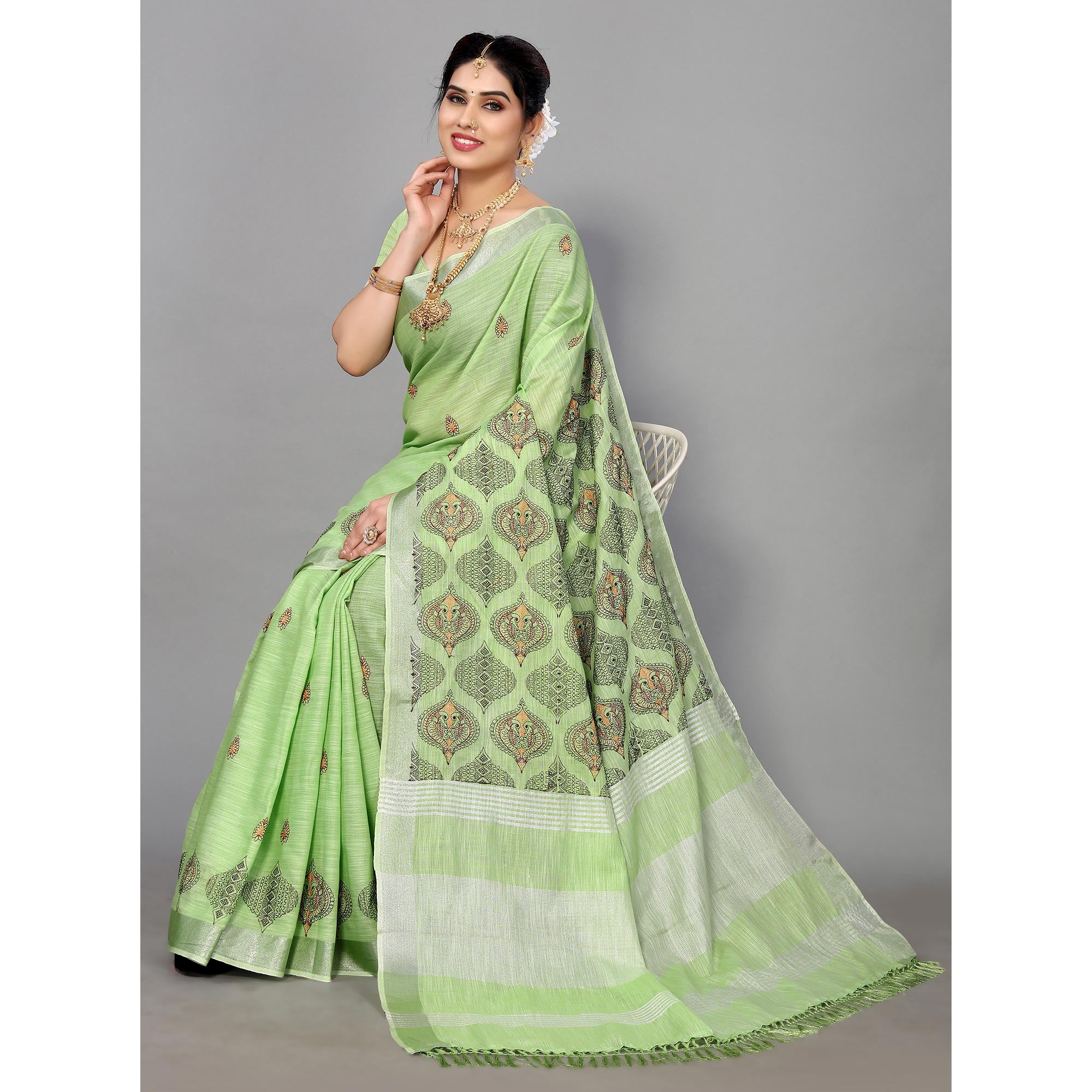 Green Embroidered Cotton Silk Saree With Tassels