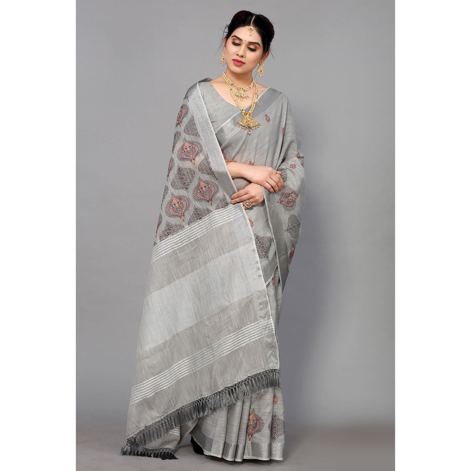 Grey Embroidered Cotton Silk Saree With Tassels