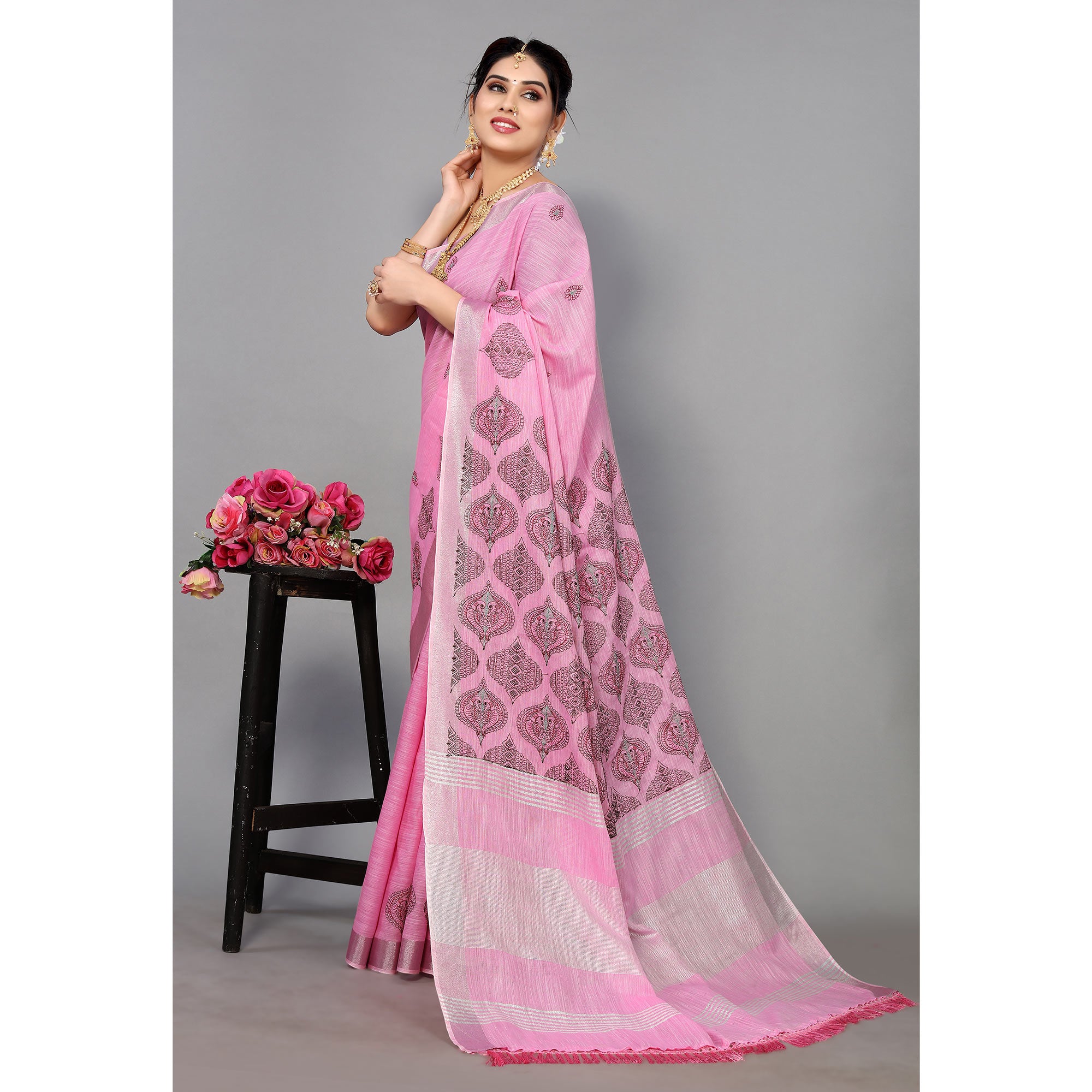 Pink Embroidered Cotton Silk Saree With Tassels