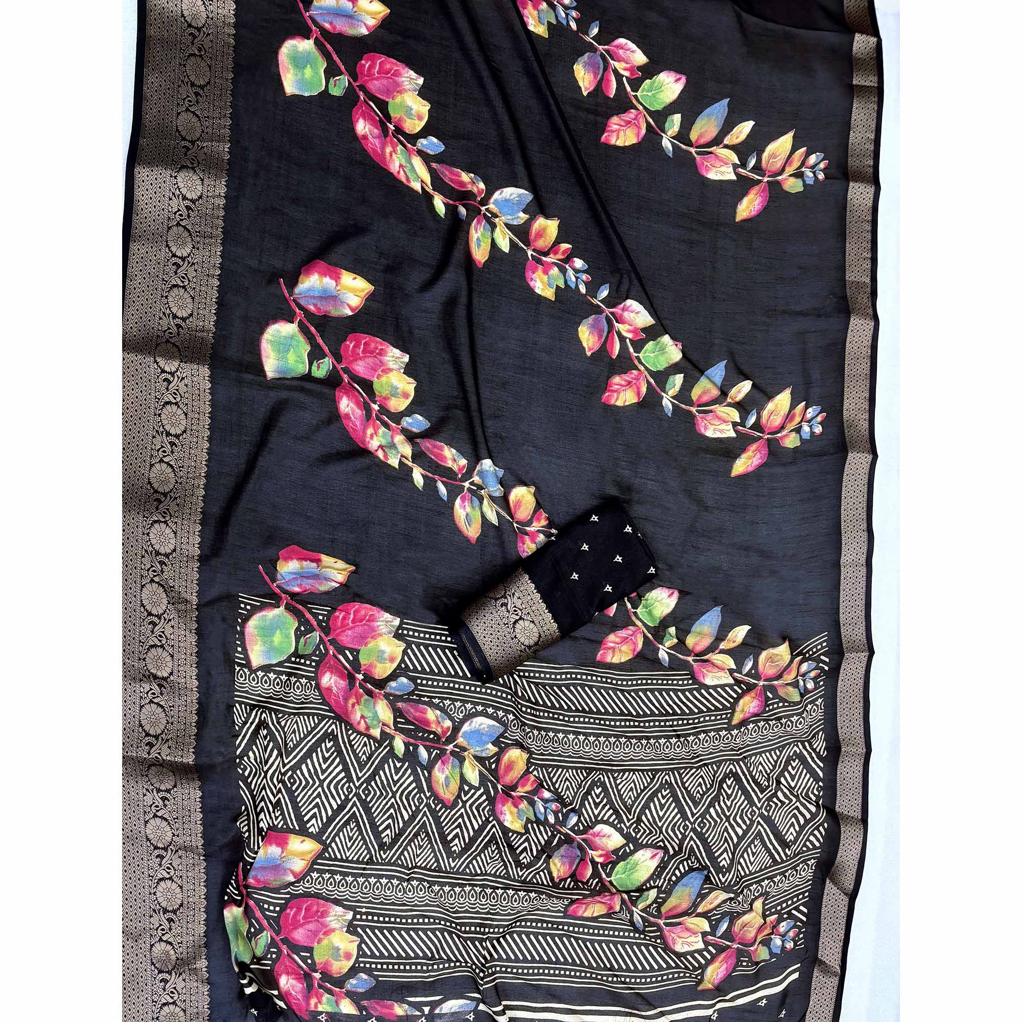 Black Printed Dola Silk Saree With Jacquard Border