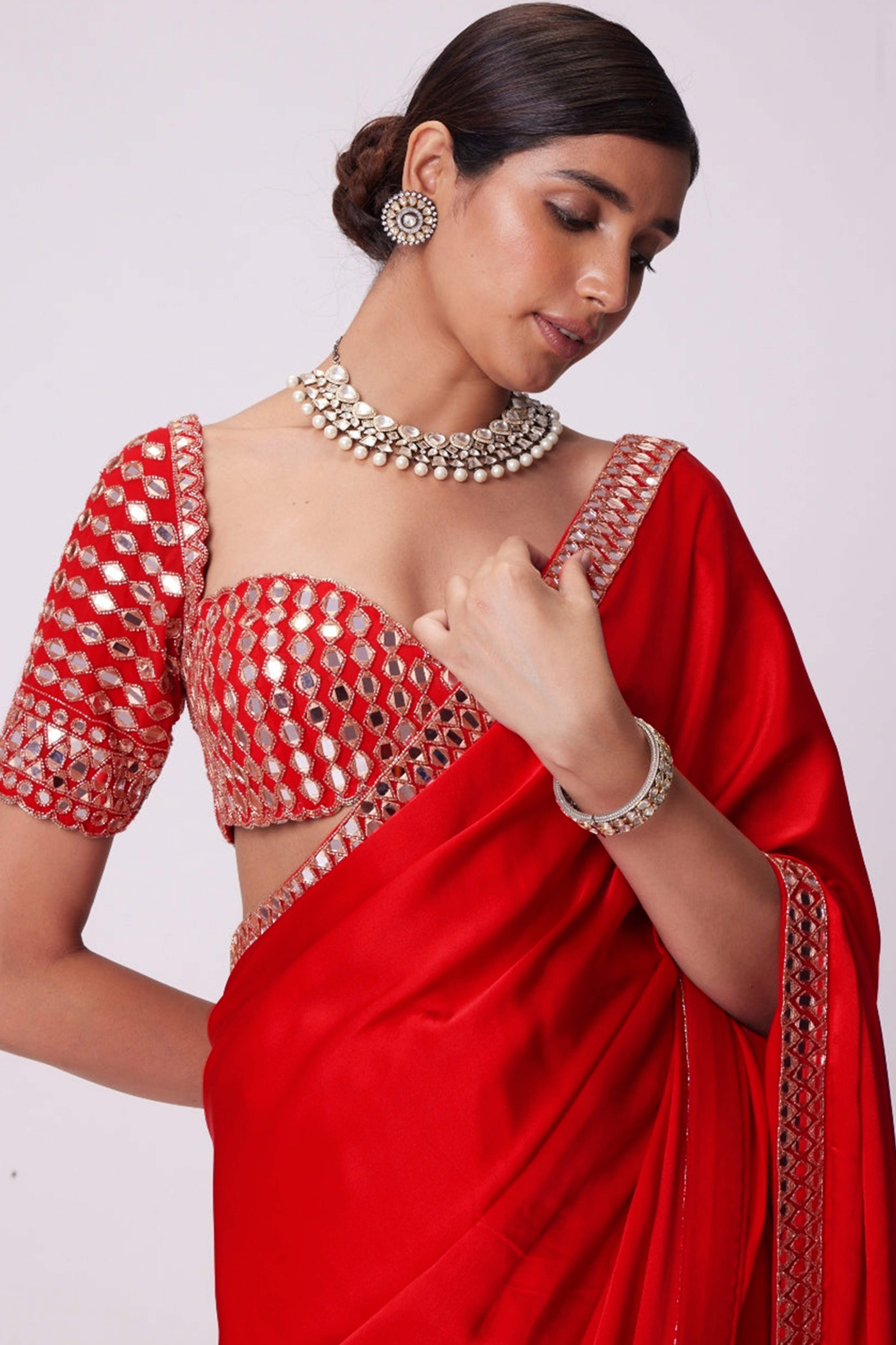 Crimson Red Mirror Embroidered Organza Saree