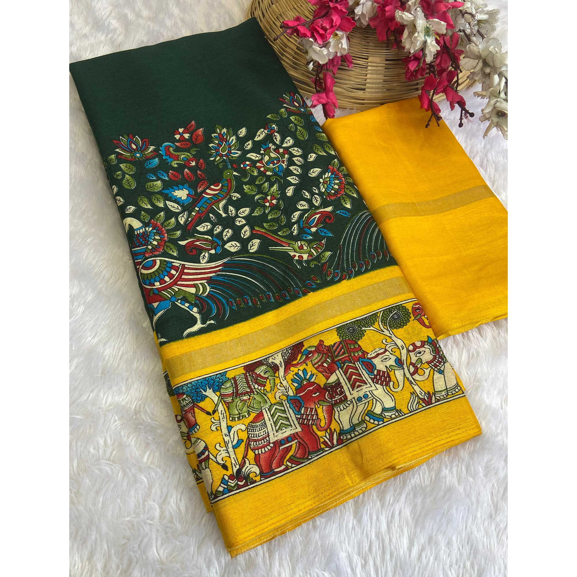 Green Kalamkari Print on Soft Mulmul Cotton Saree for Effortless Style