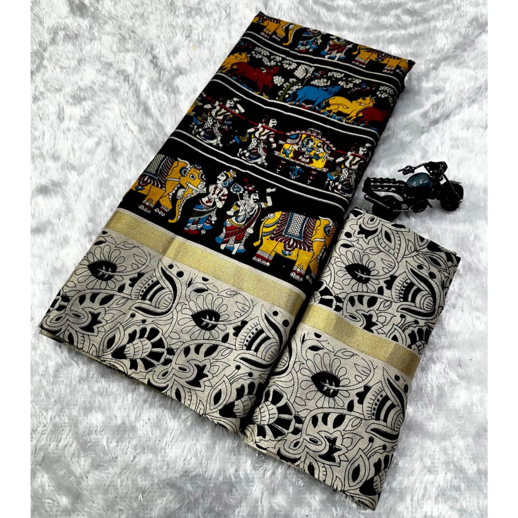 Grey & Black Kalamkari Printed Pure Mulmul Cotton Saree