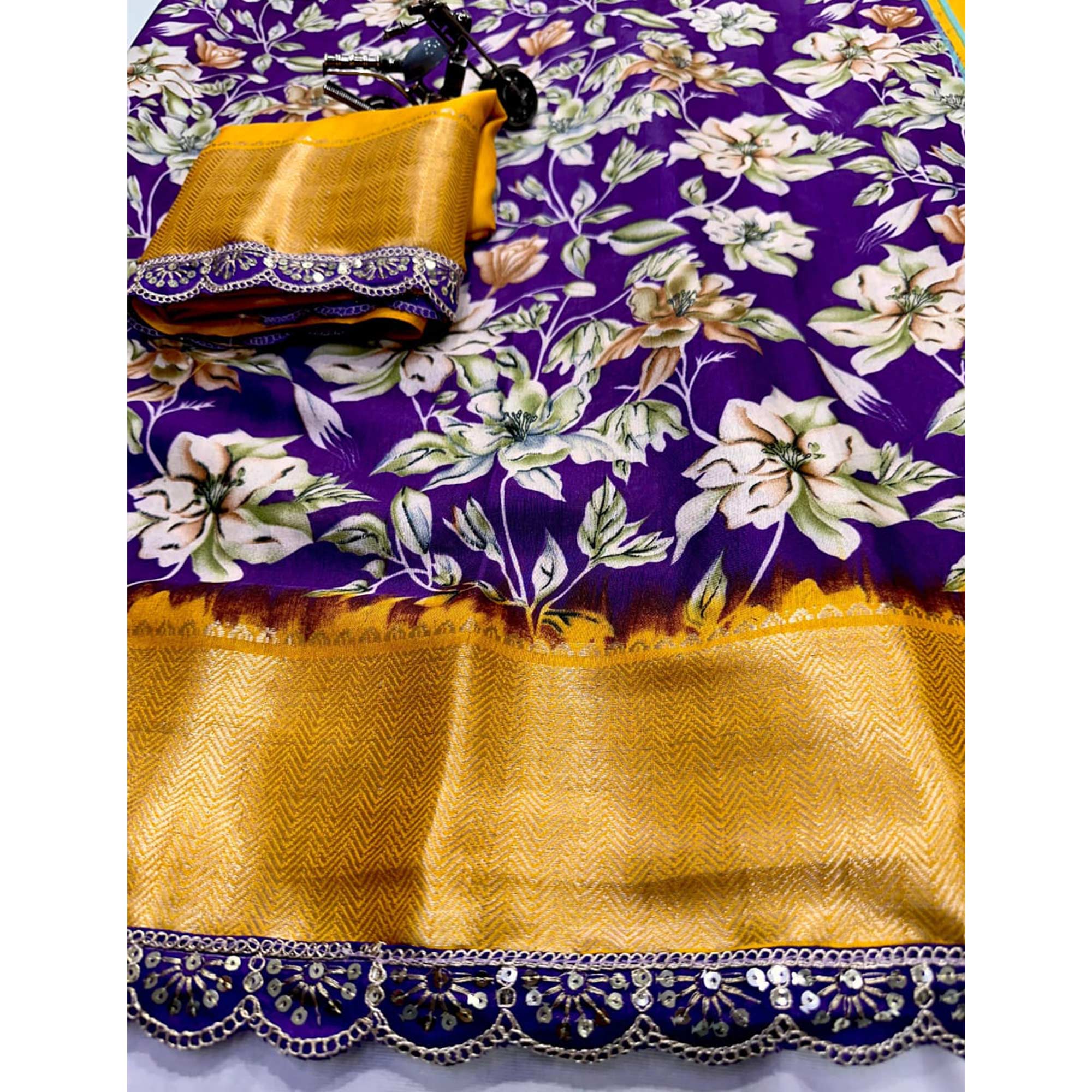 Purple Floral Printed Dola Silk Saree With Zari Border