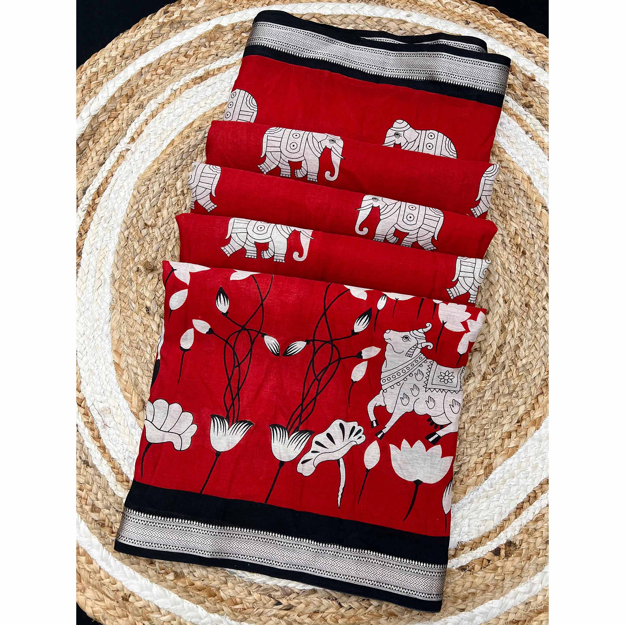 Red Pichwai-Inspired Kalamkari Print on Soft Pure Cotton Saree