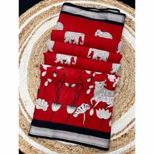 Red Pichwai-Inspired Kalamkari Print on Soft Pure Cotton Saree