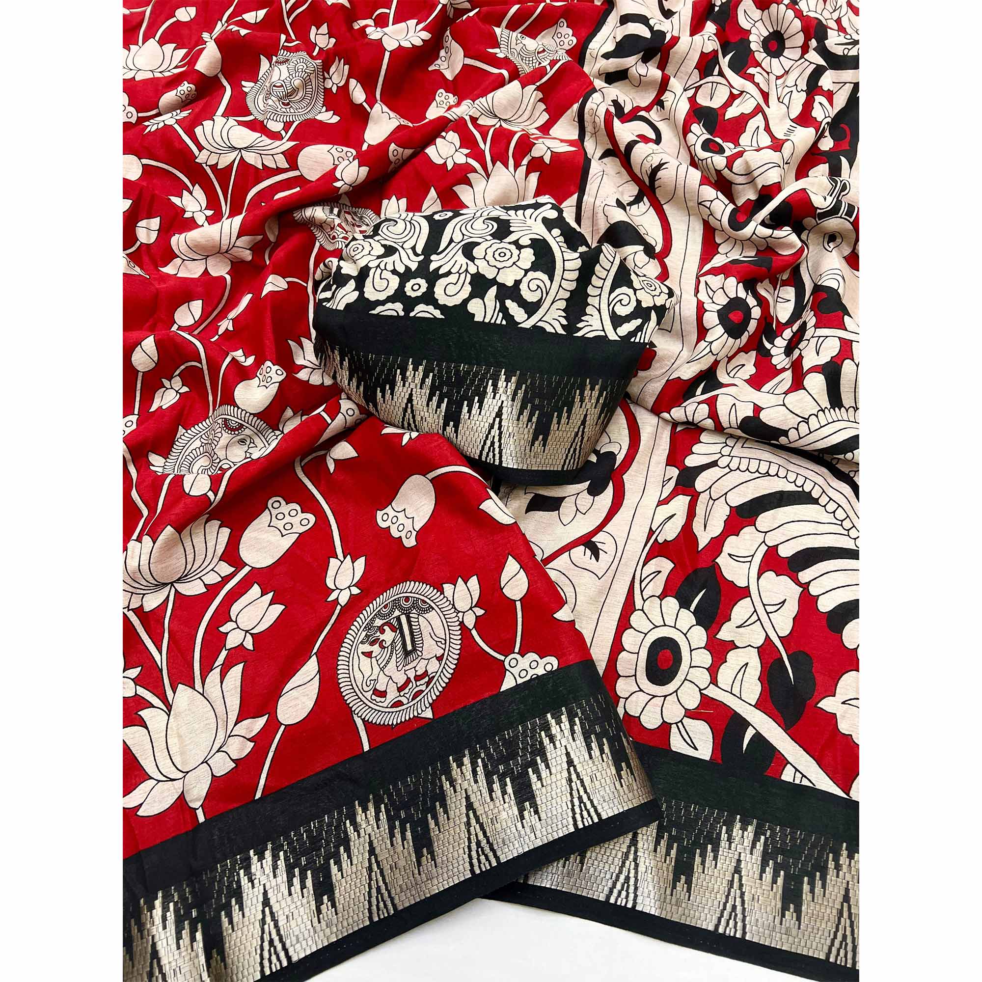 Red & Off White Pichwai-Inspired Kalamkari Print on Soft Pure Cotton Saree
