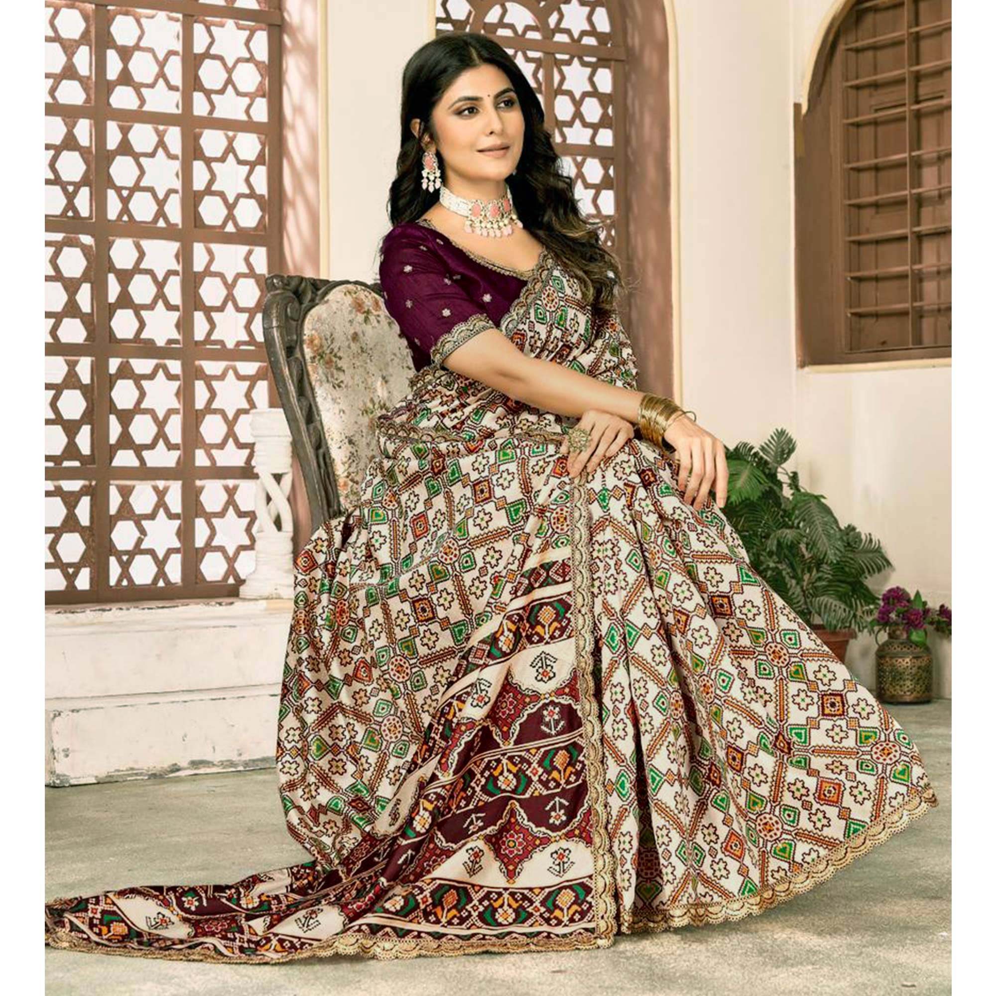 Off White Printed Patola Tussar Silk Saree