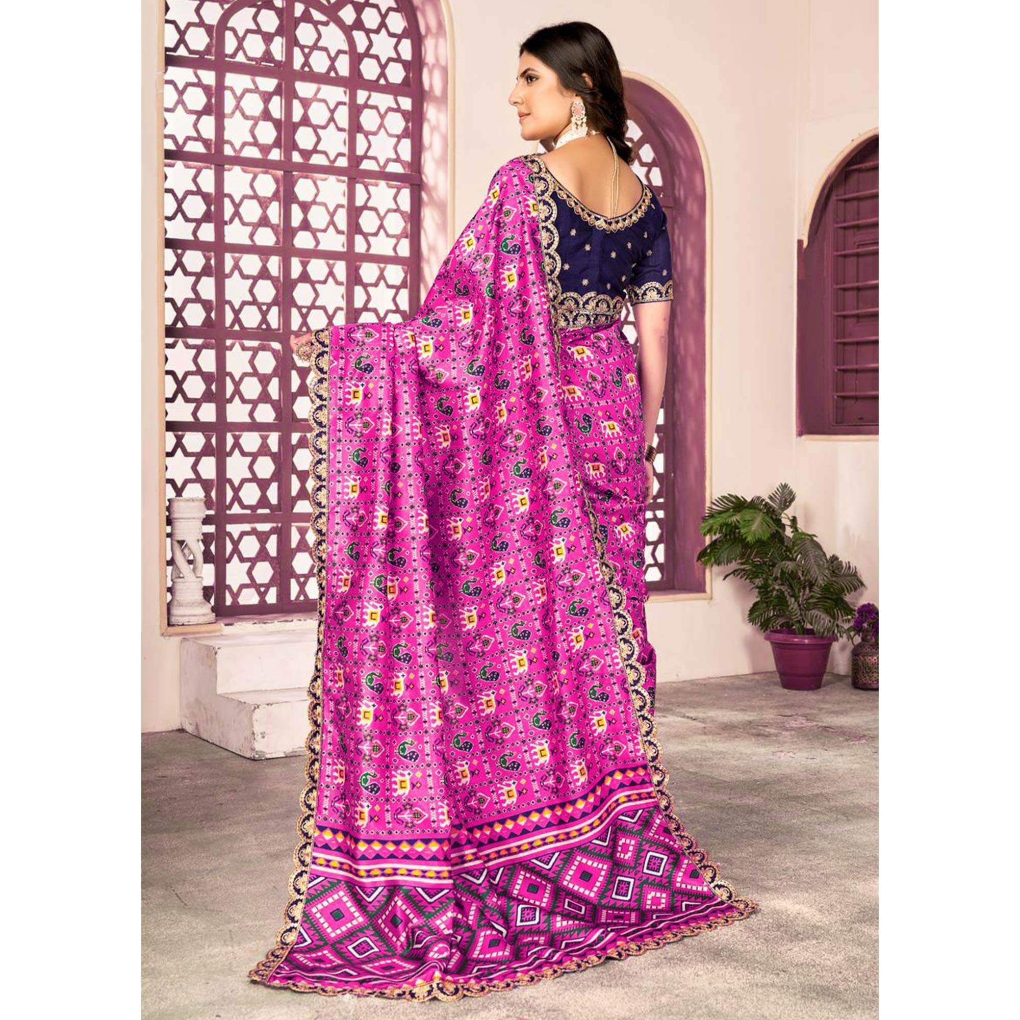 Pink Printed Patola Tussar Silk Saree