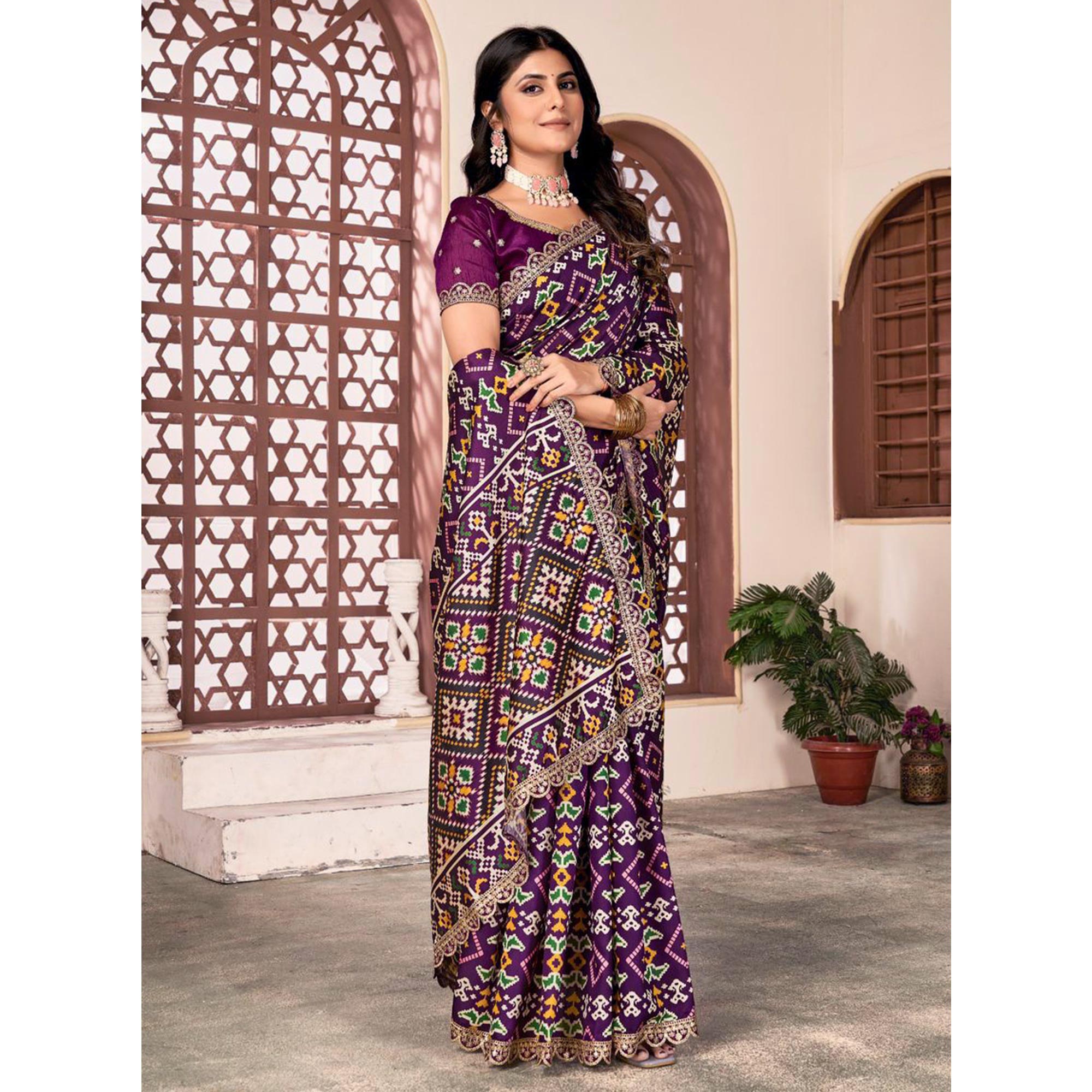 Wine Printed Patola Tussar Silk Saree