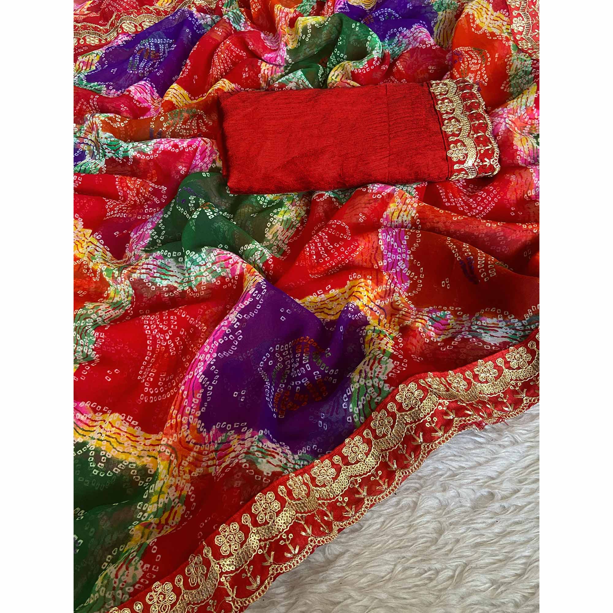 Red Georgette Saree with Bandhani Motifs and Elegant Border Embroidery