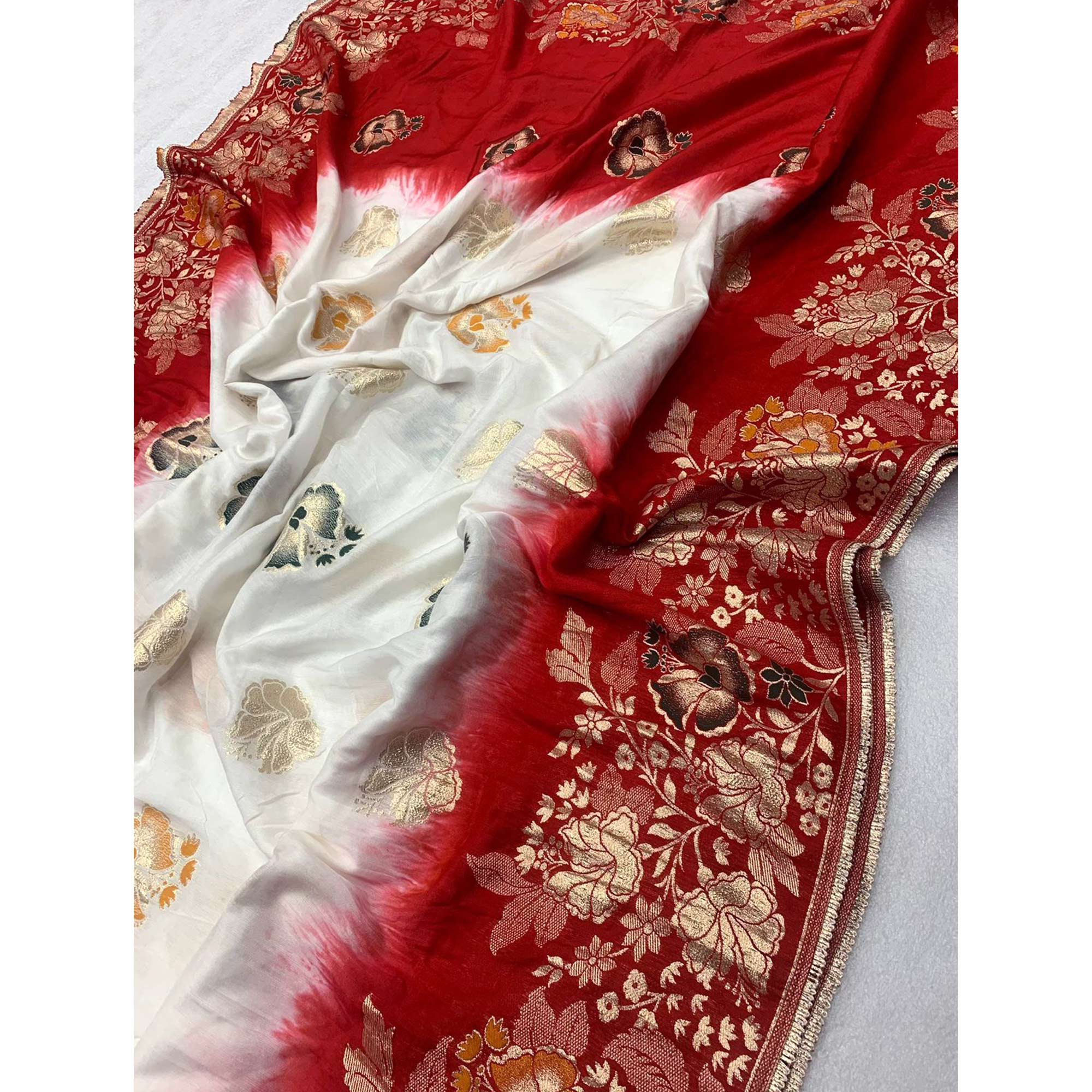 White Floral Woven Pure Silk Saree With Tassels