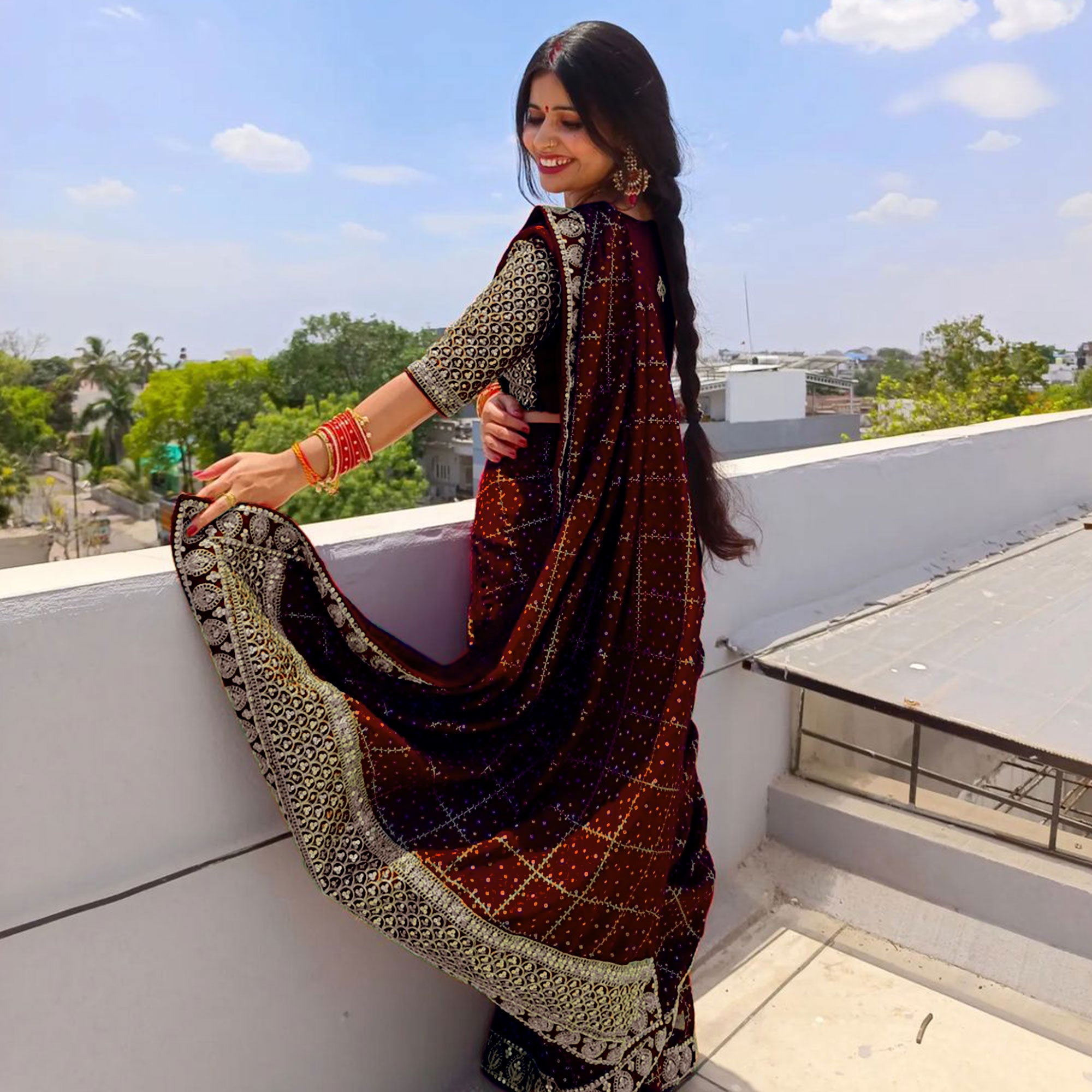 Maroon Printed With Embroidered Border Vichitra Silk Saree