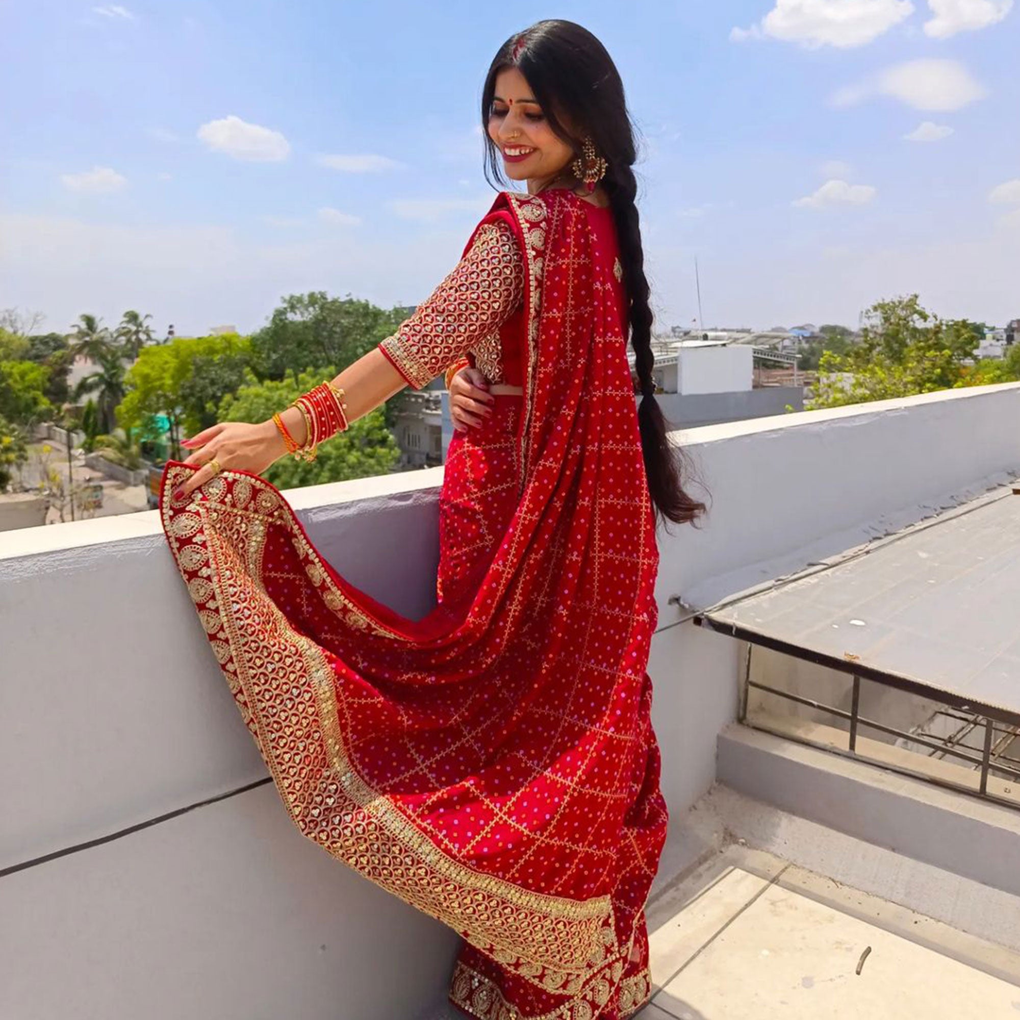 Red Printed With Embroidered Border Vichitra Silk Saree