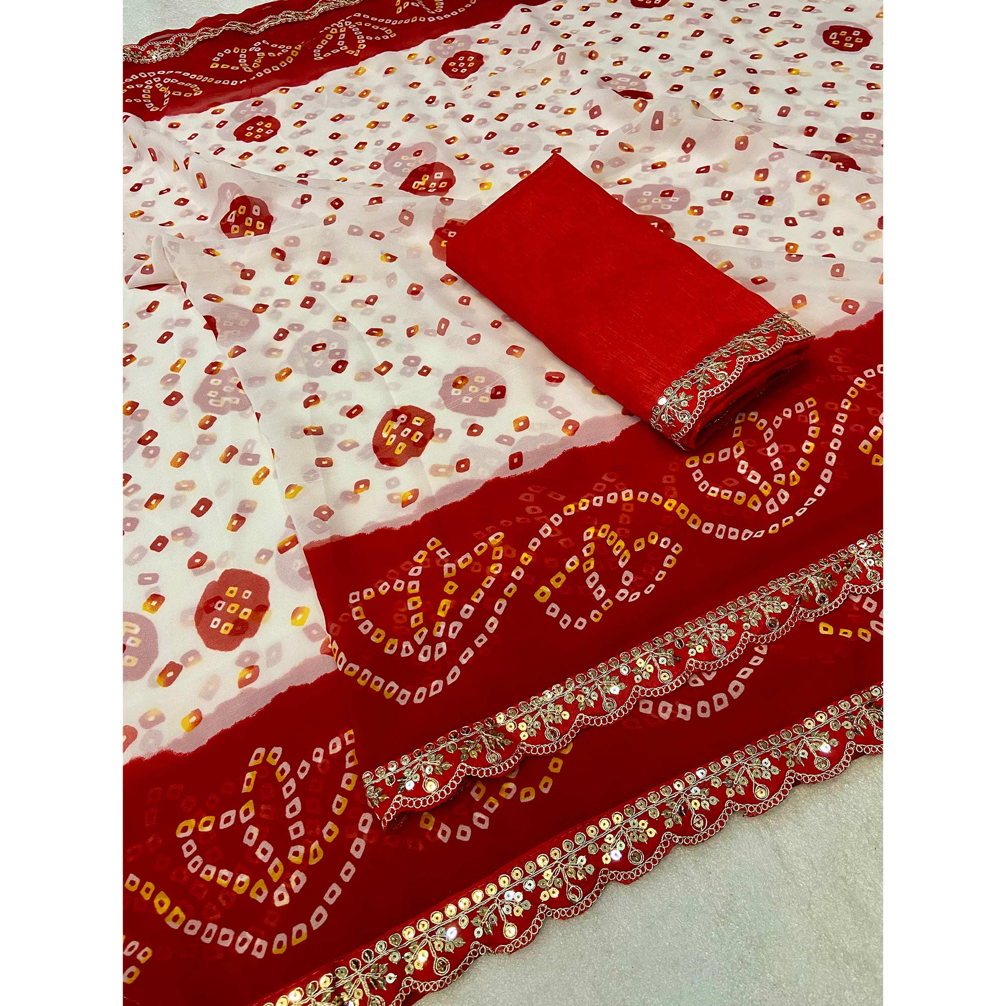 White & Red Bandhani Printed Georgette Saree