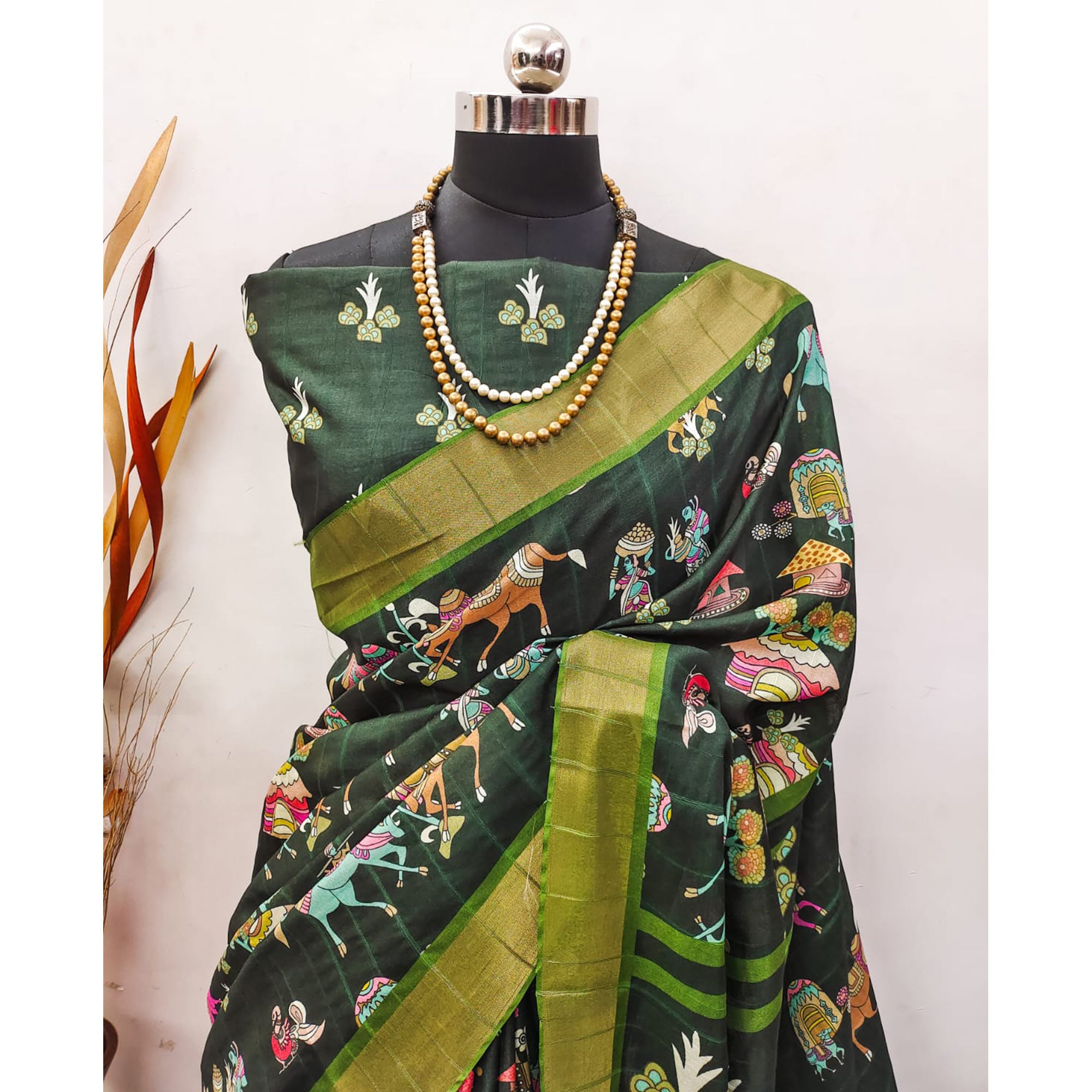 Green Digital Printed Dola Silk Saree