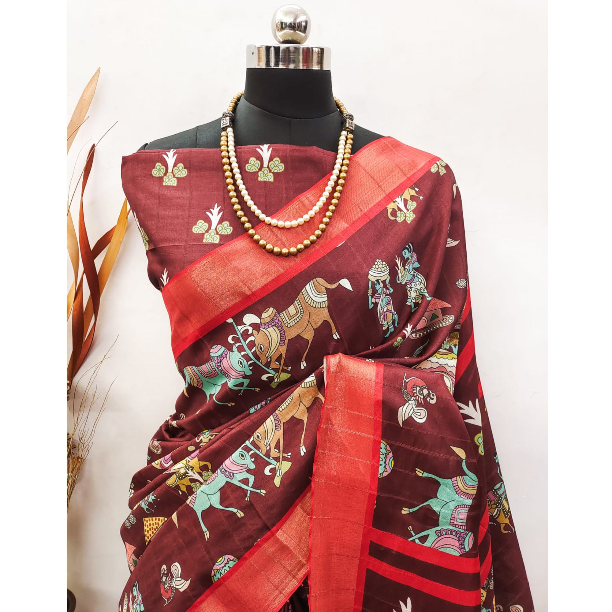 Maroon Digital Printed Dola Silk Saree