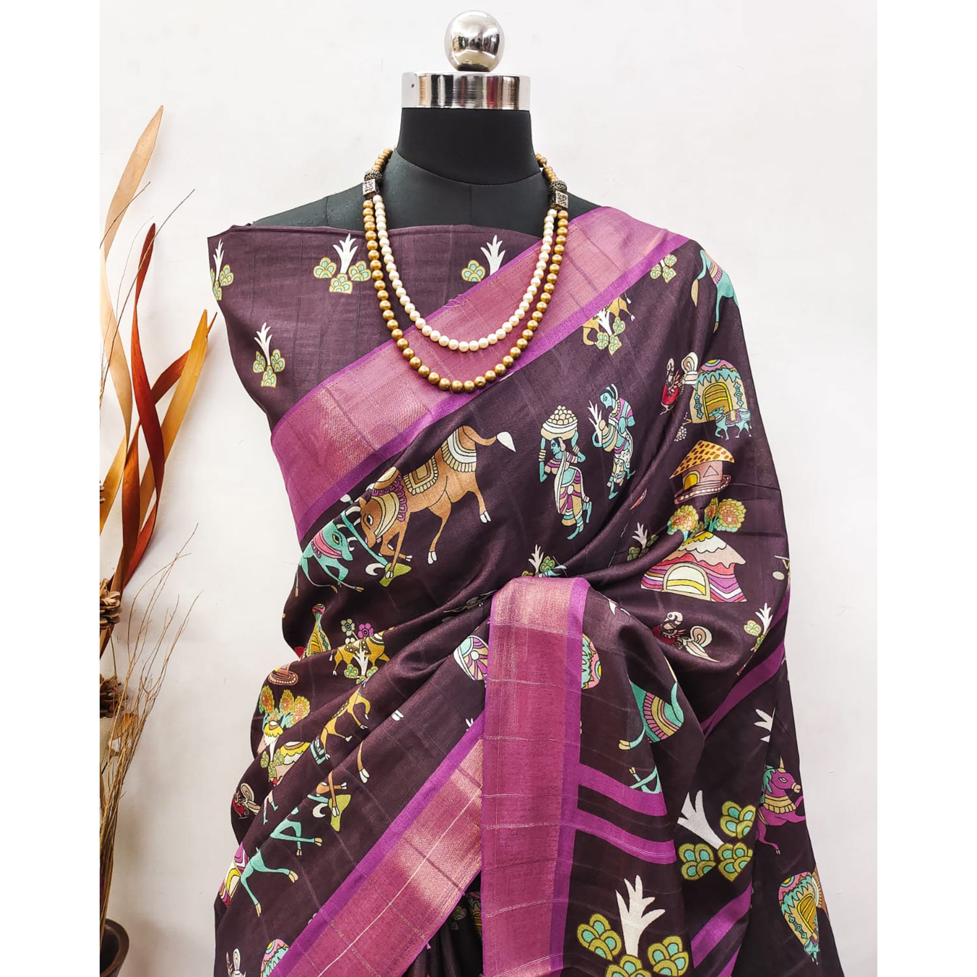 Wine Digital Printed Dola Silk Saree