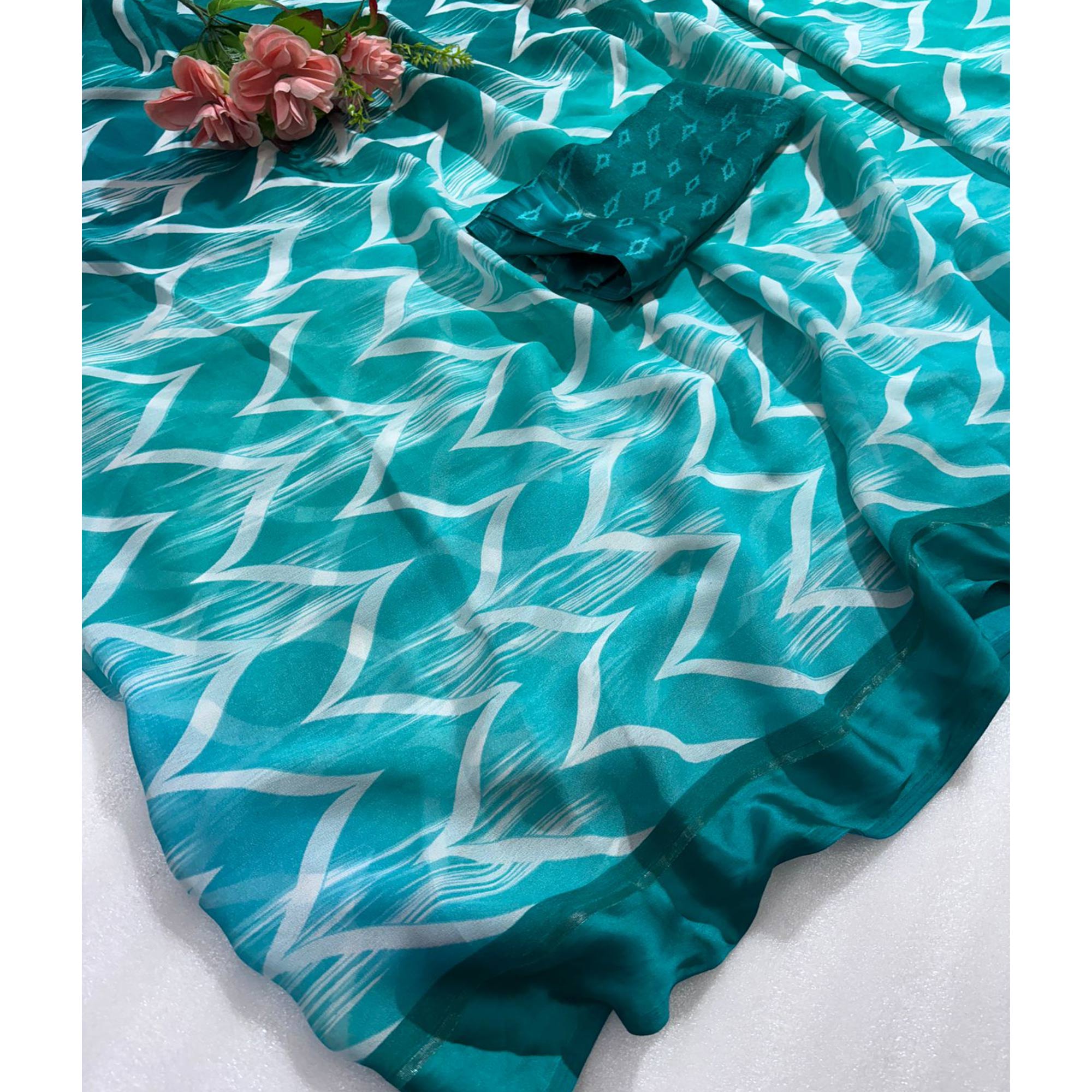 Teal Shibori Printed Chiffon Saree