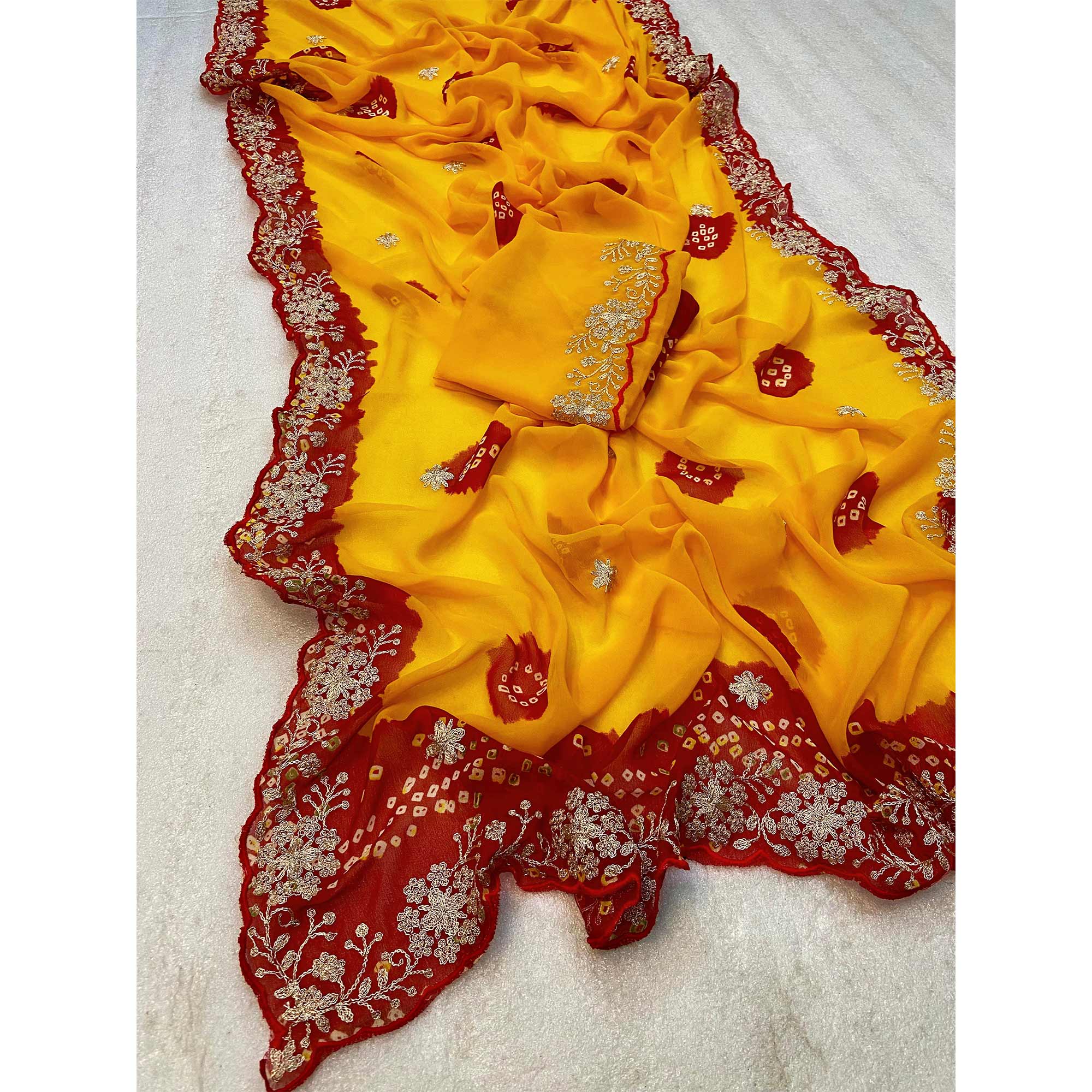 Yellow Bandhani Printed Georgette Saree With Embroidered Border