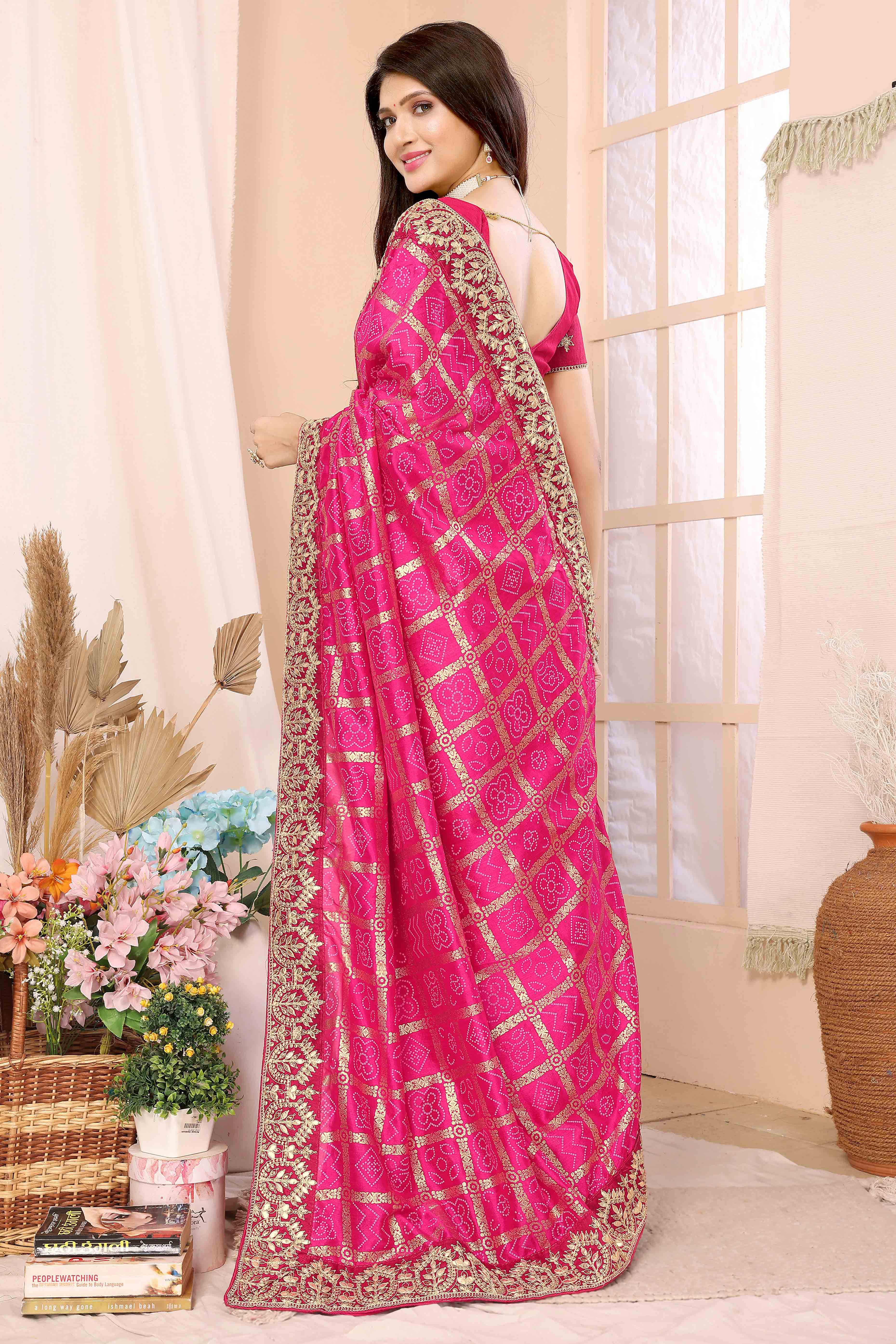 Pink Bandhani Printed Vichitra Silk Saree With Embroidered Border