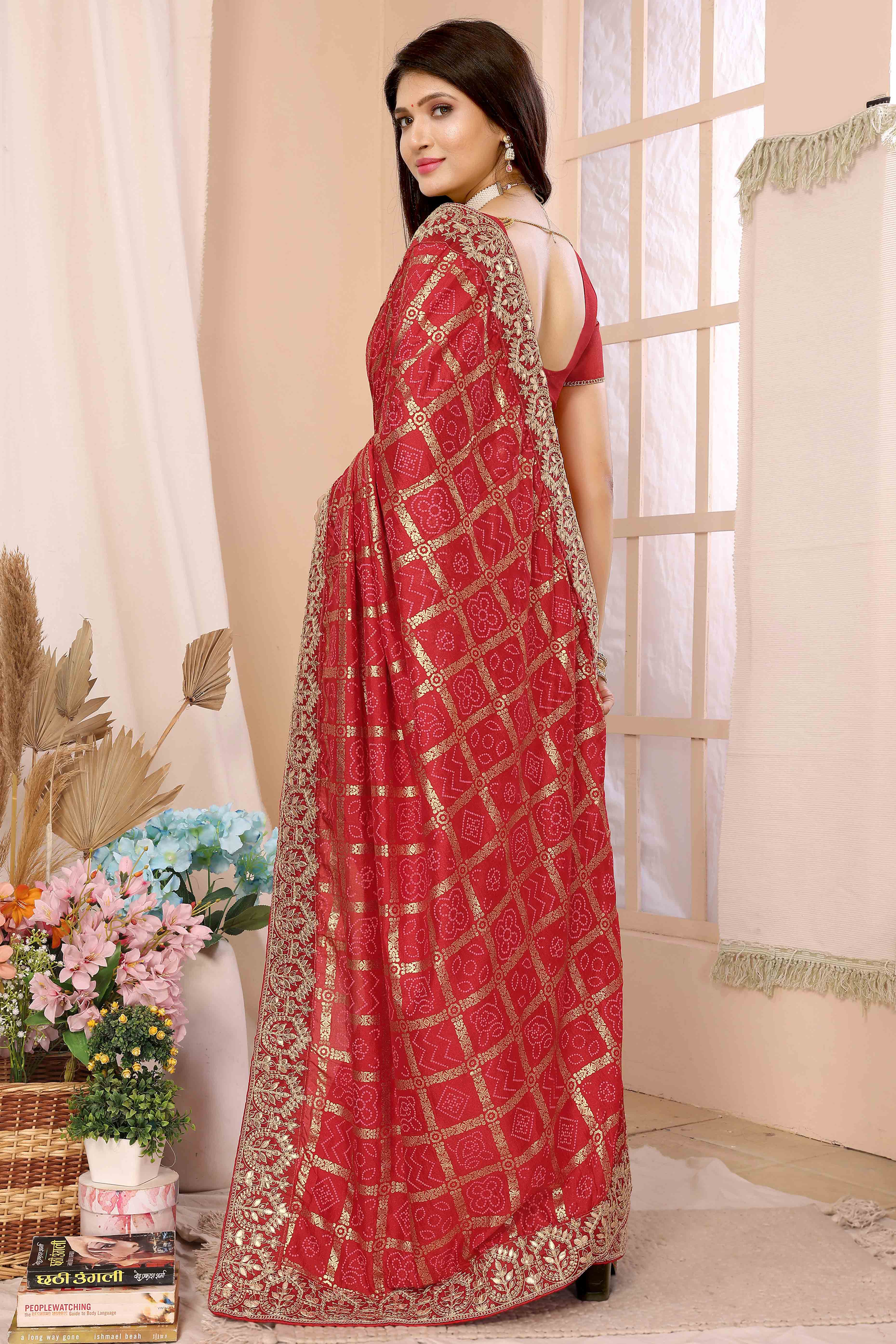Red Bandhani Printed Vichitra Silk Saree With Embroidered Border