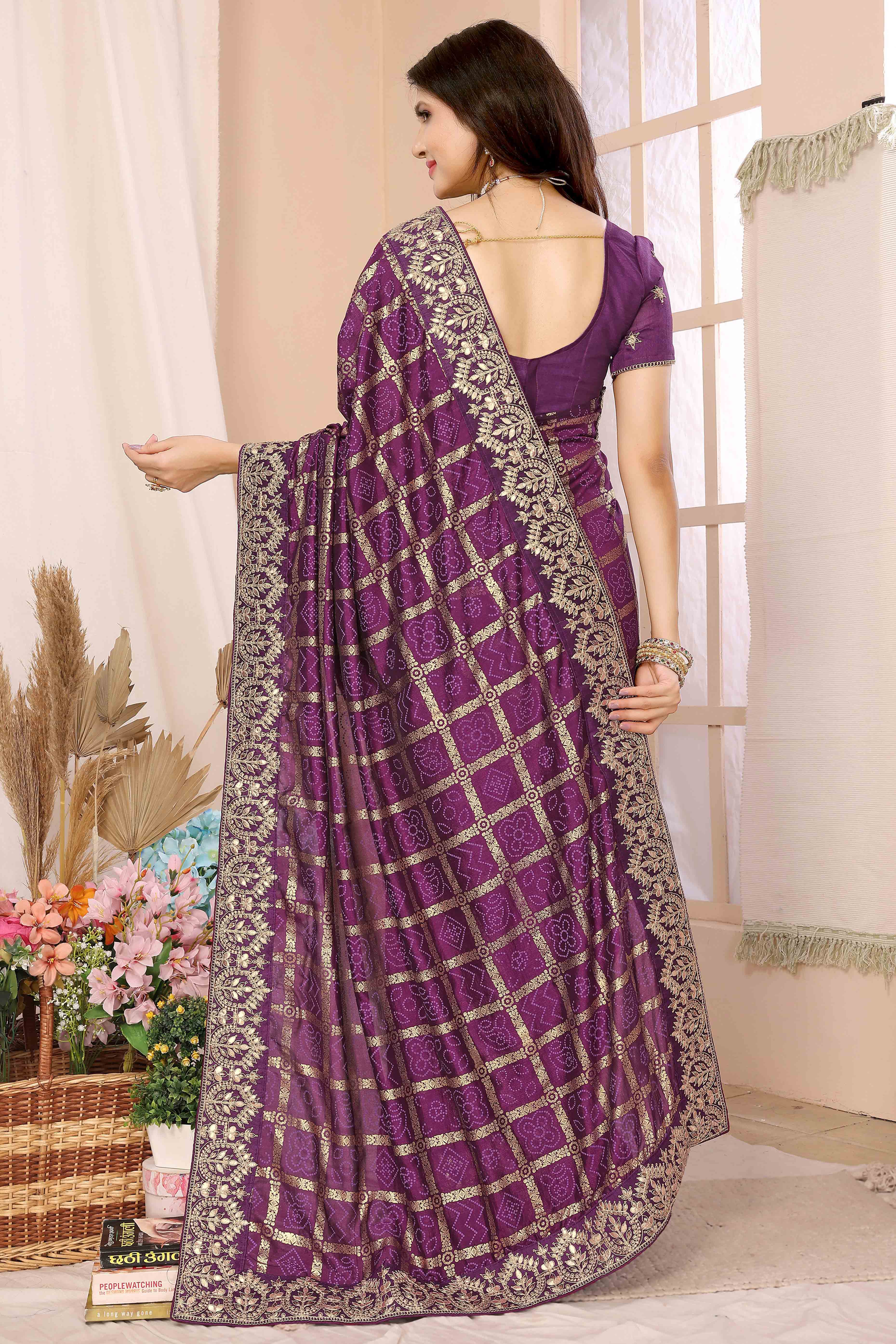 Wine Bandhani Printed Vichitra Silk Saree With Embroidered Border
