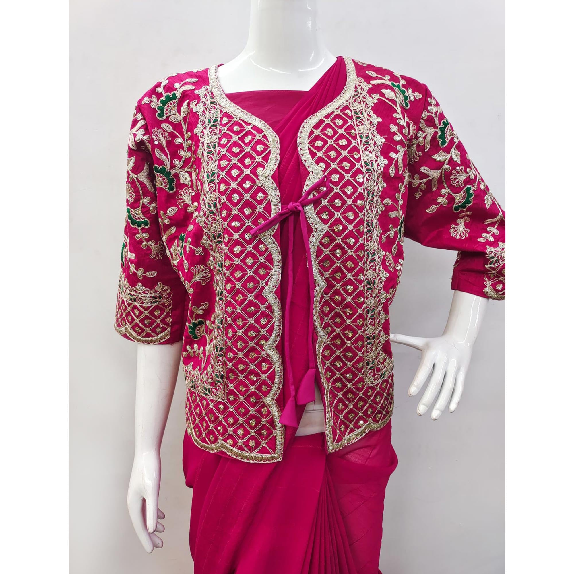 Pink Woven Georgette Saree With Embroidered Jacket